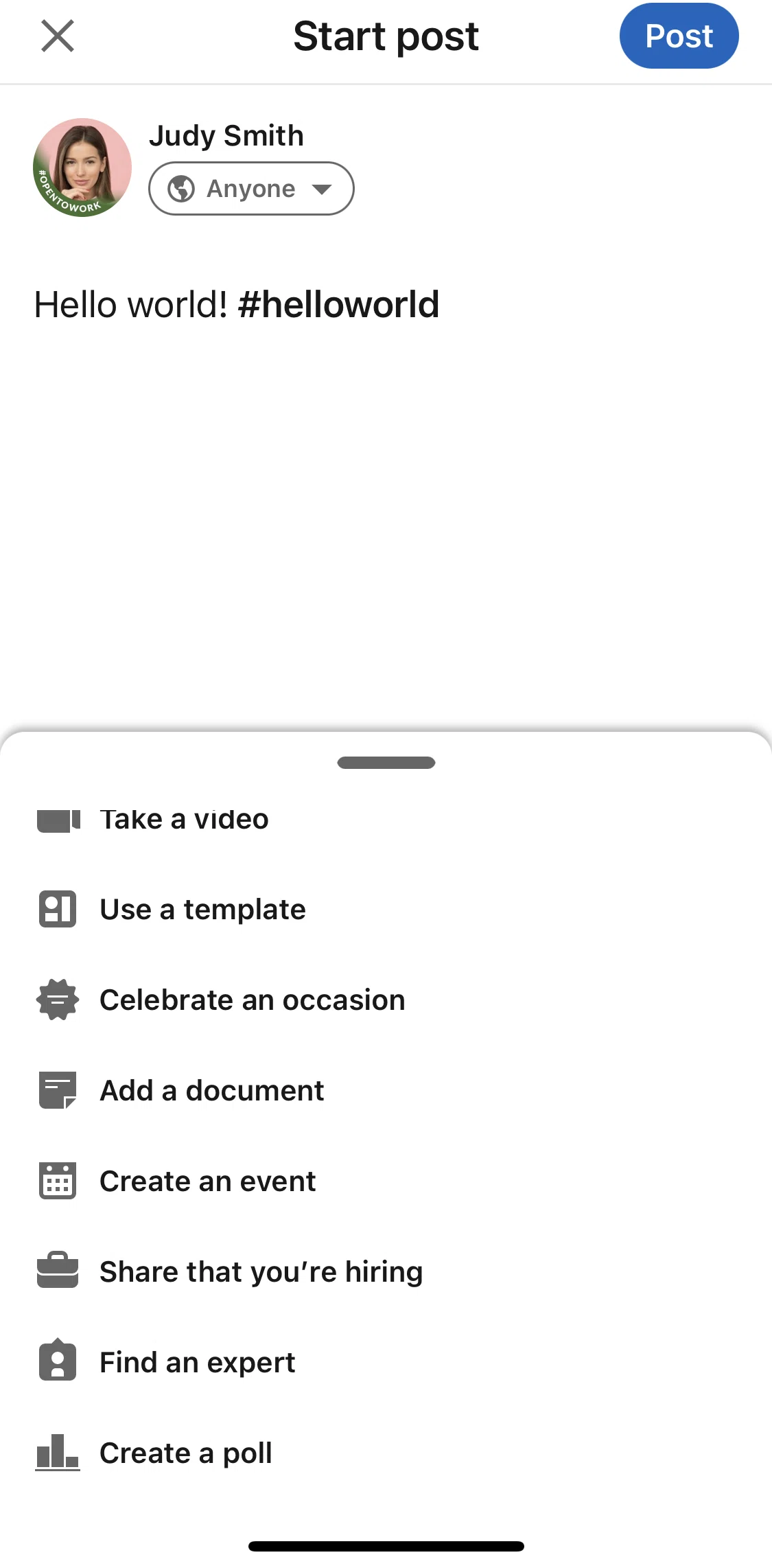 Linkedin Screen 1 screen in the Creating a post (finding an expert) flow