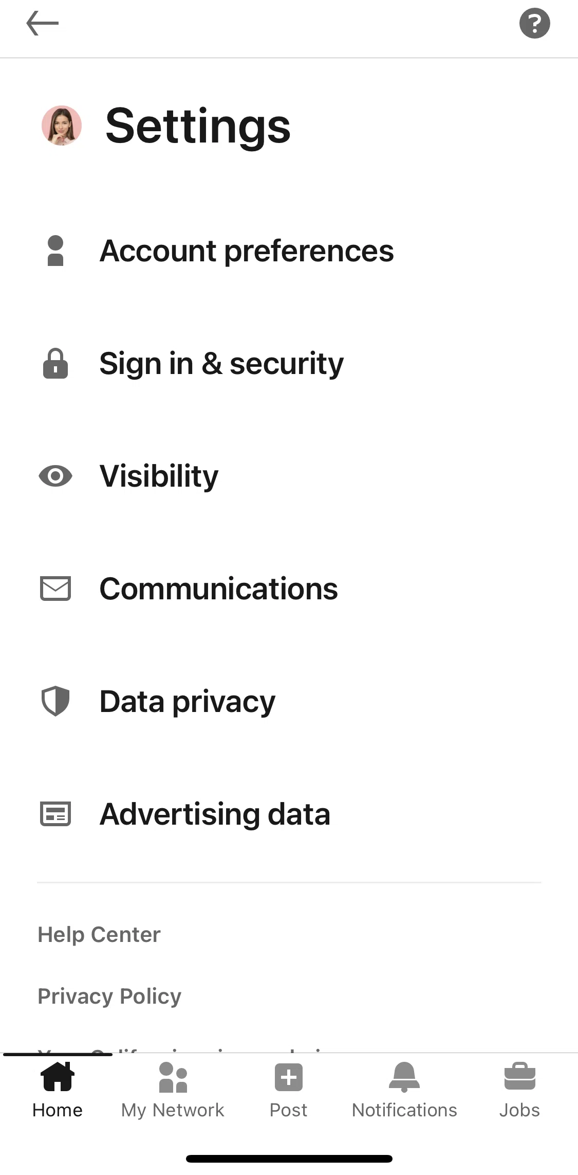 Linkedin Screen 1 screen in the Data privacy flow