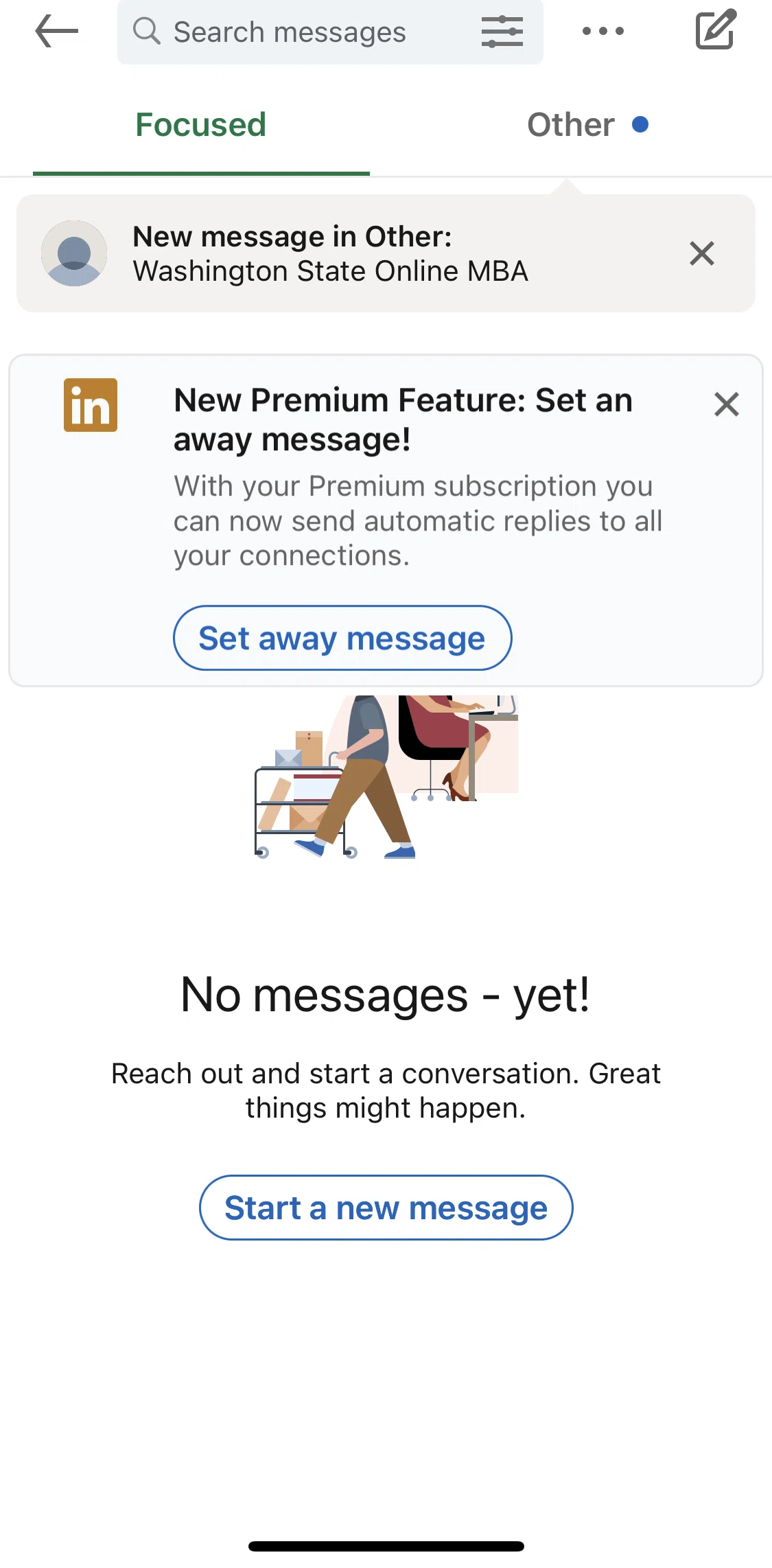 Linkedin Screen 1 screen in the Filtering messages flow
