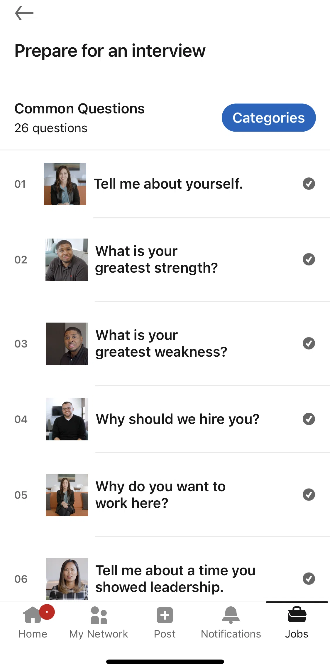 Linkedin Screen 1 screen in the Practicing an interview prep flow