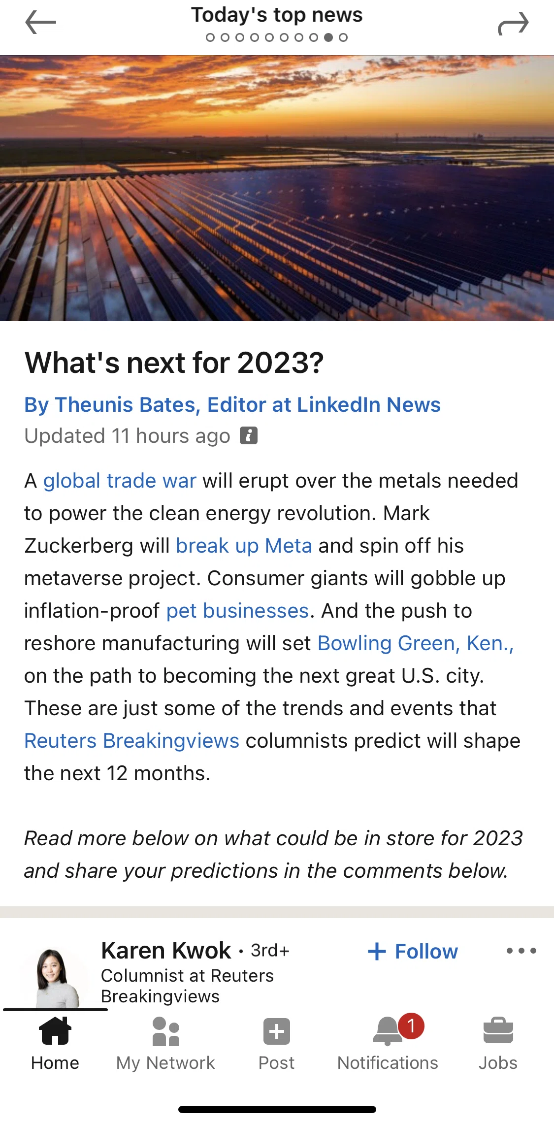 Linkedin Screen 1 screen in the Reposting a news on LinkedIn flow