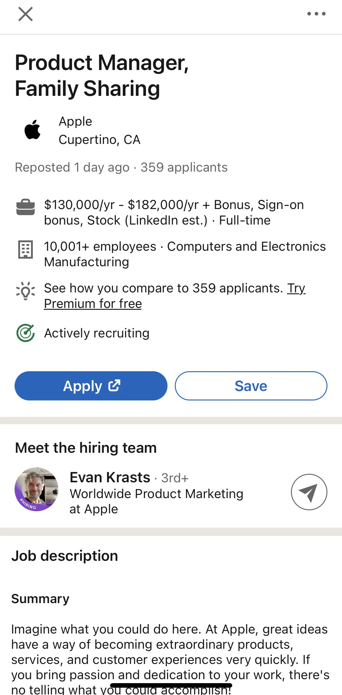 Linkedin Screen 1 screen in the Saving a job flow