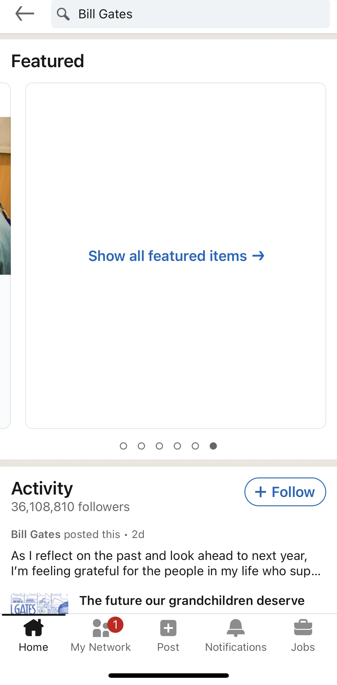 Linkedin Screen 1 screen in the Show all featured articles flow
