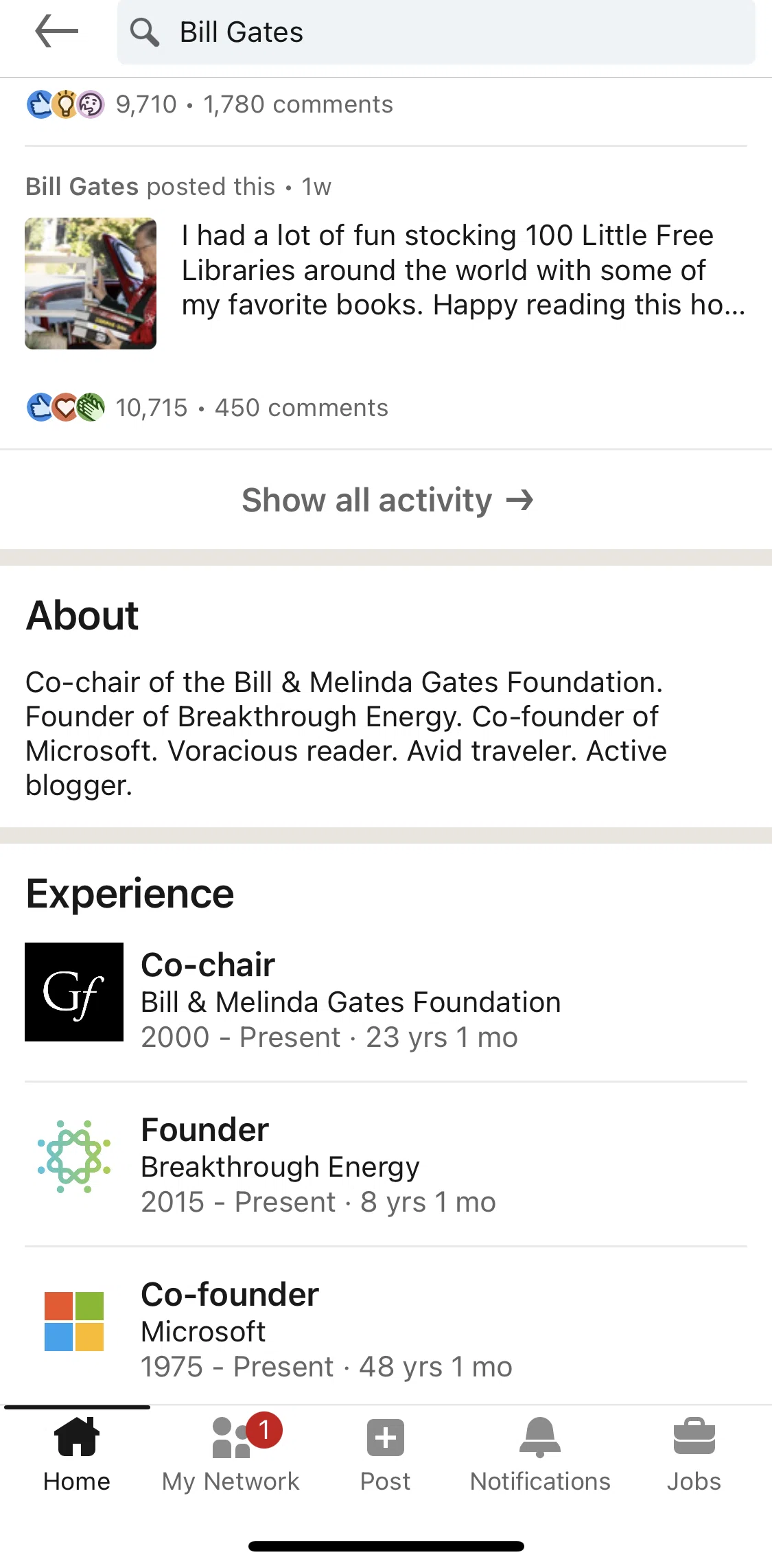 Linkedin Screen 1 screen in the Show all user activities flow