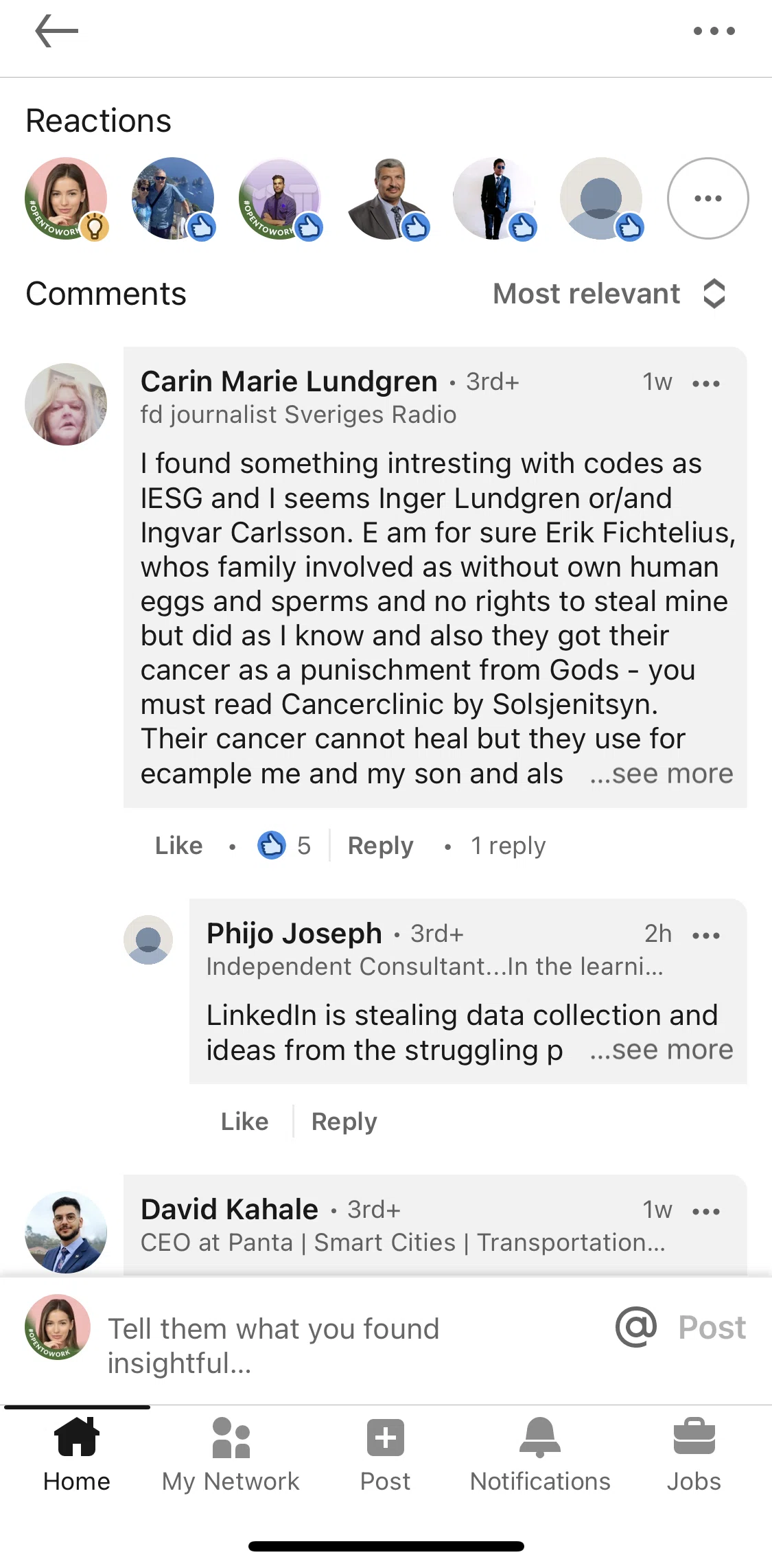 Linkedin Screen 1 screen in the Sorting comments flow