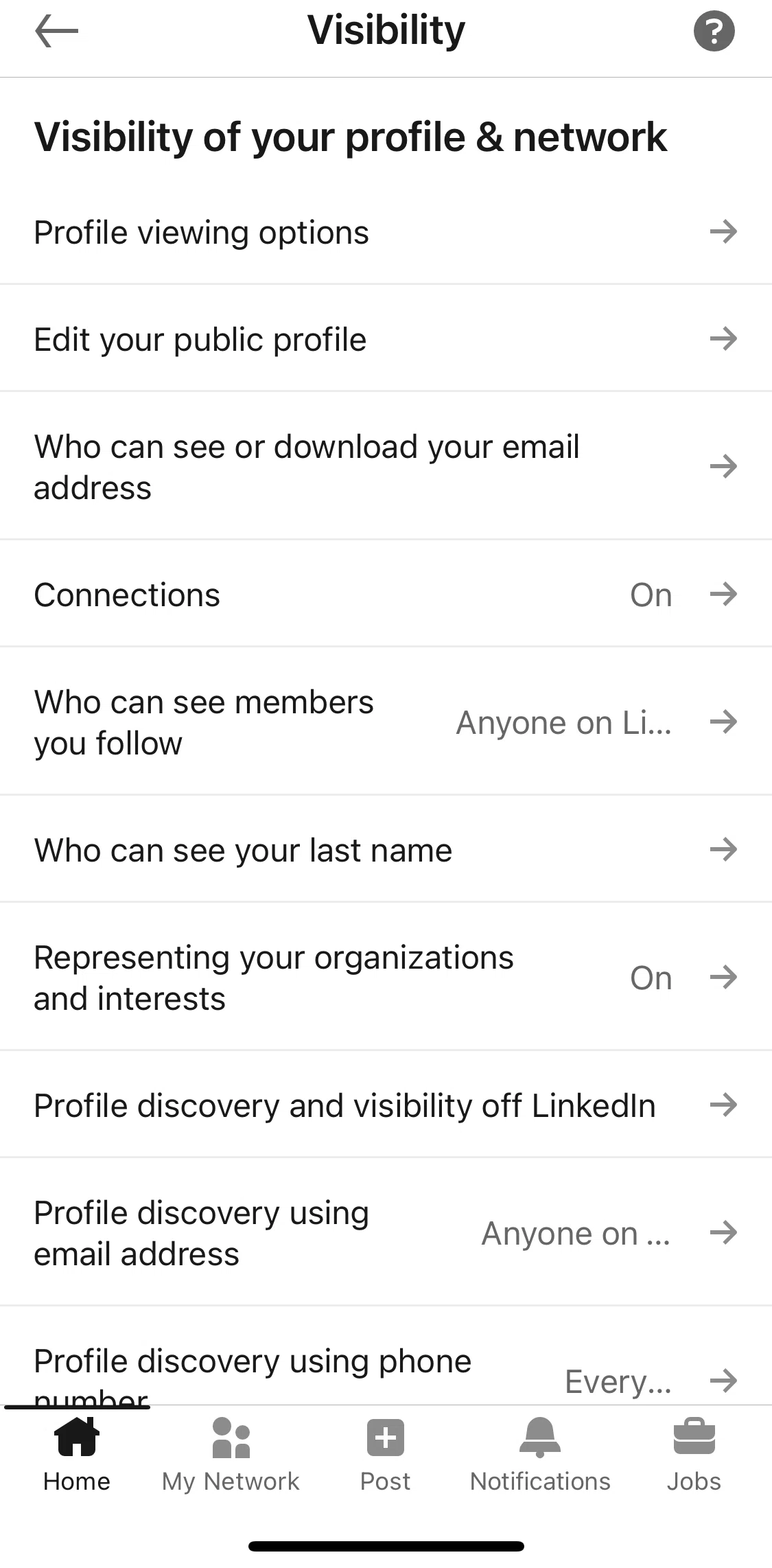 Linkedin Screen 1 screen in the Updating visibility options flow