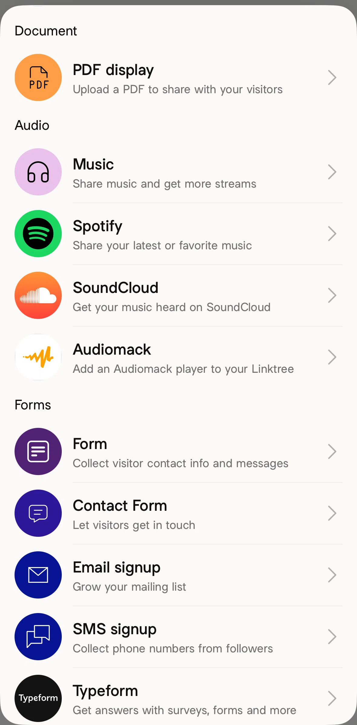 Linktree Screen screen in the Adding a contact flow