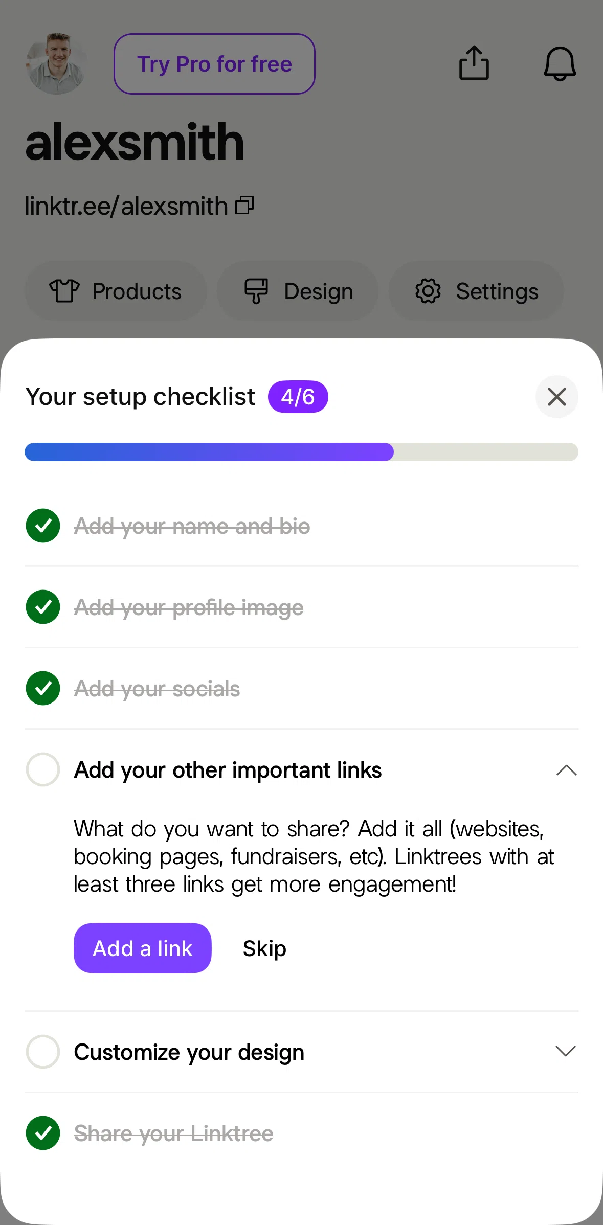 Linktree Screen screen in the Adding a link (setup) flow
