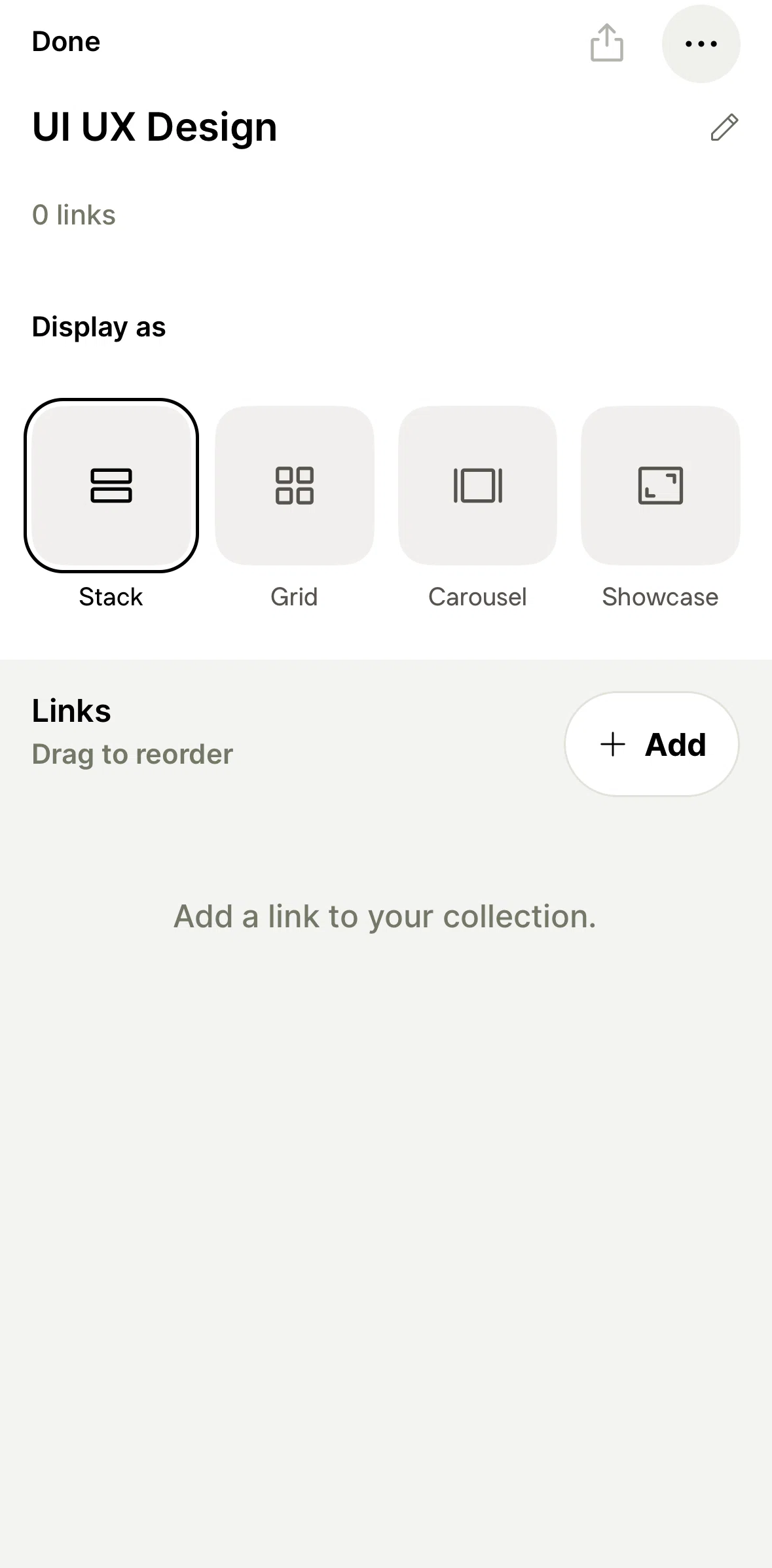 Linktree Screen screen in the Adding a link to collection flow