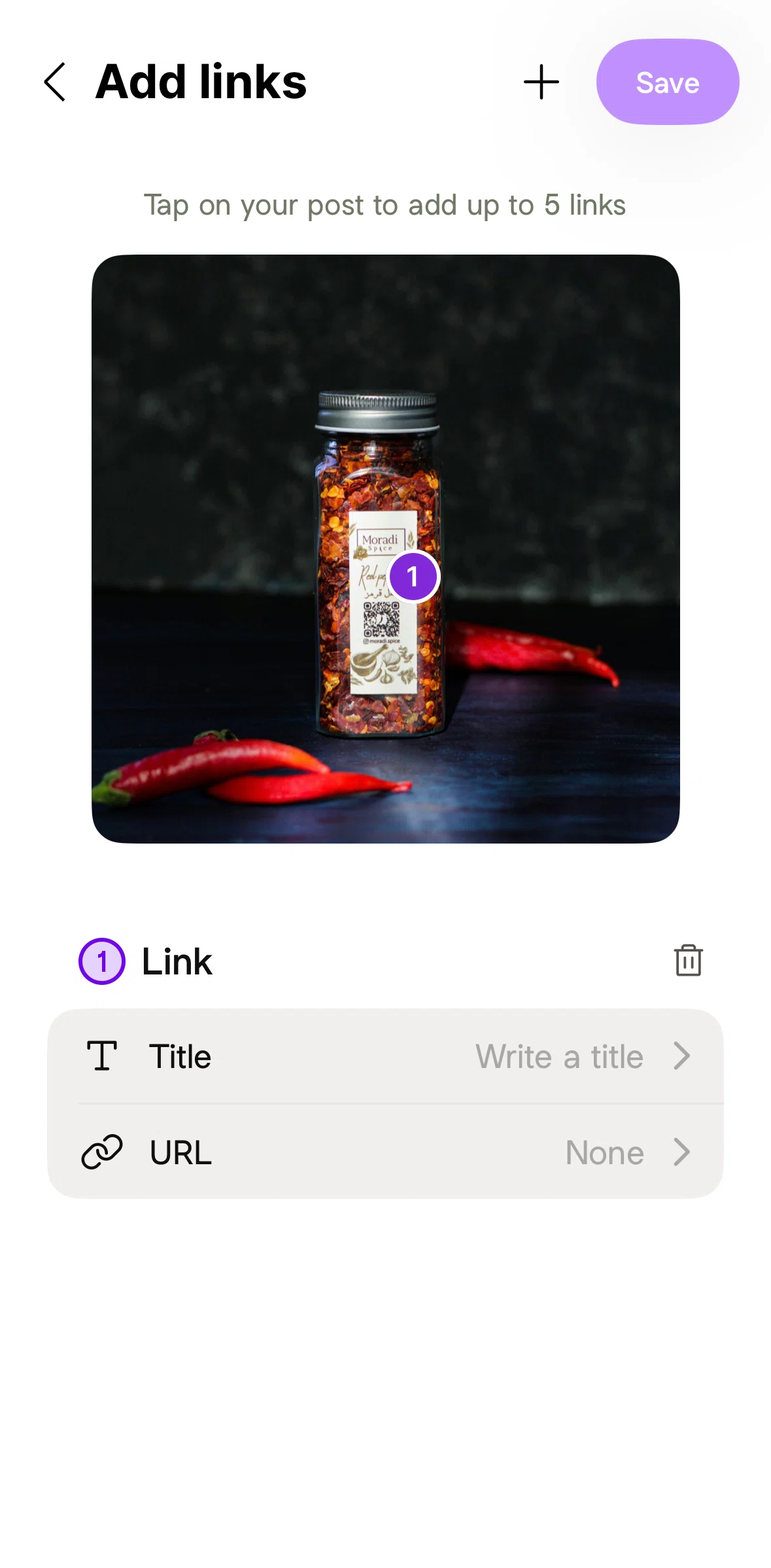 Linktree Screen screen in the Adding a new link (Instagram post) flow