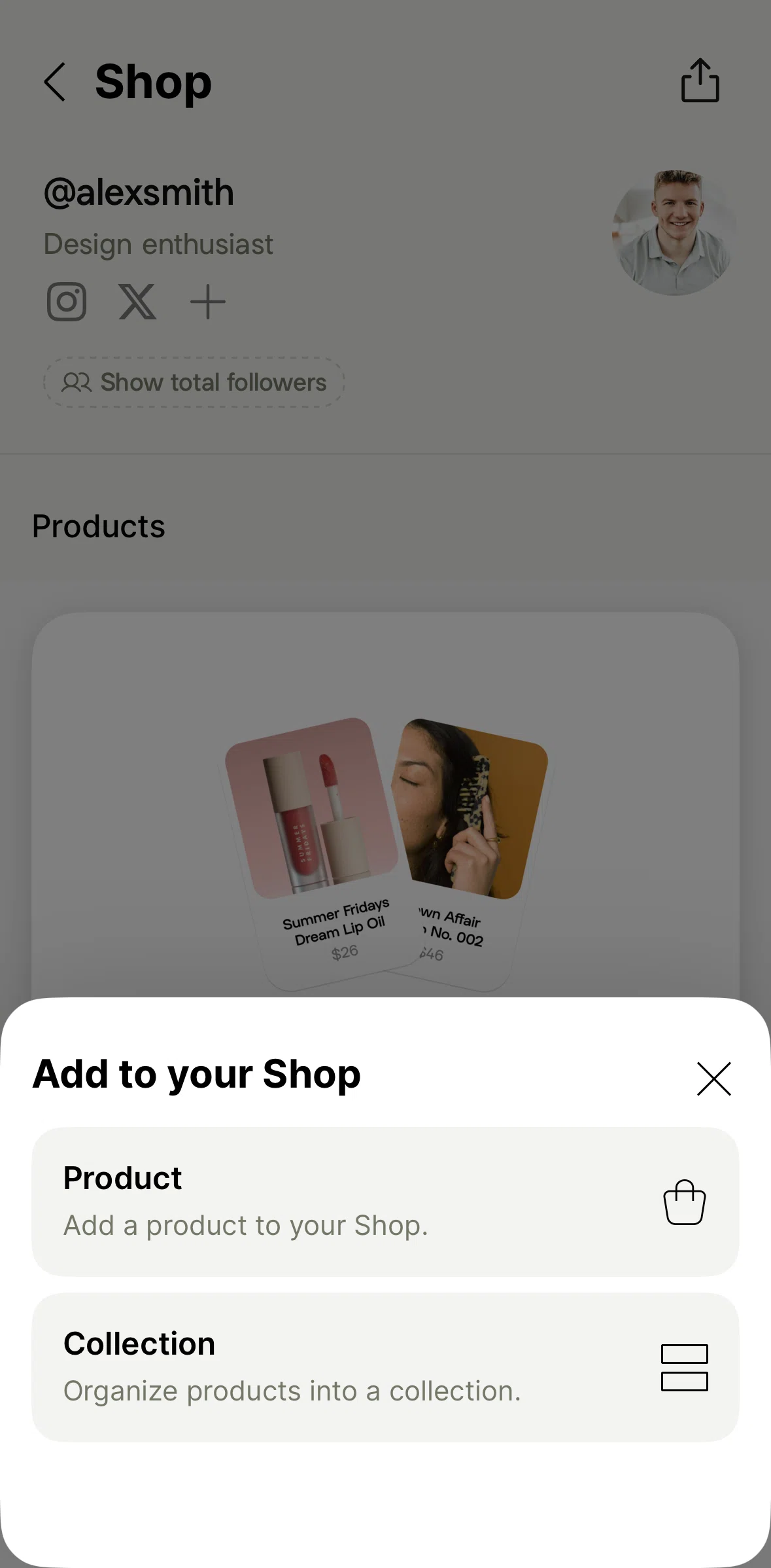 Linktree Screen screen in the Adding a product collection flow