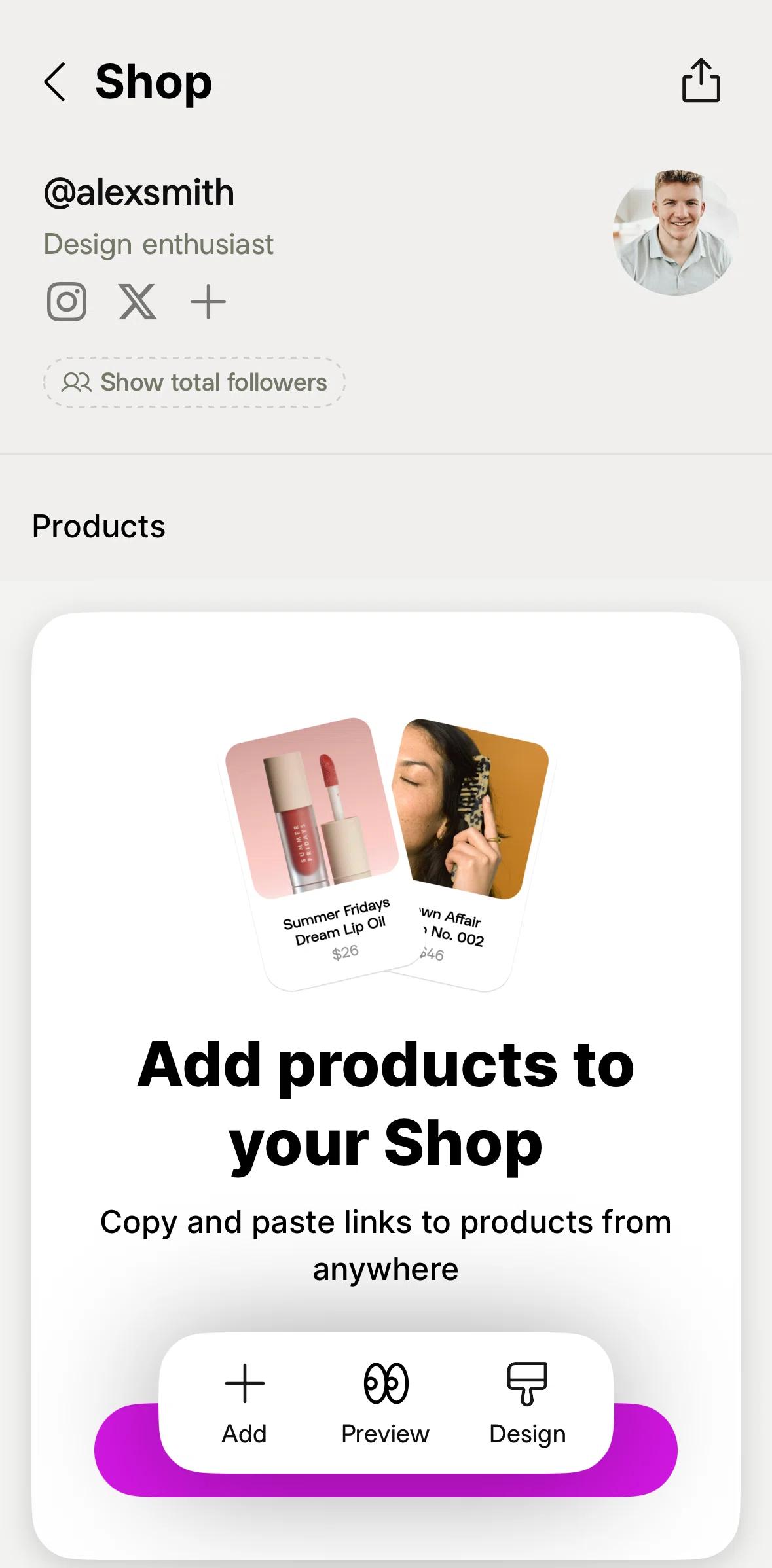 Linktree Screen screen in the Adding a product (shop) flow