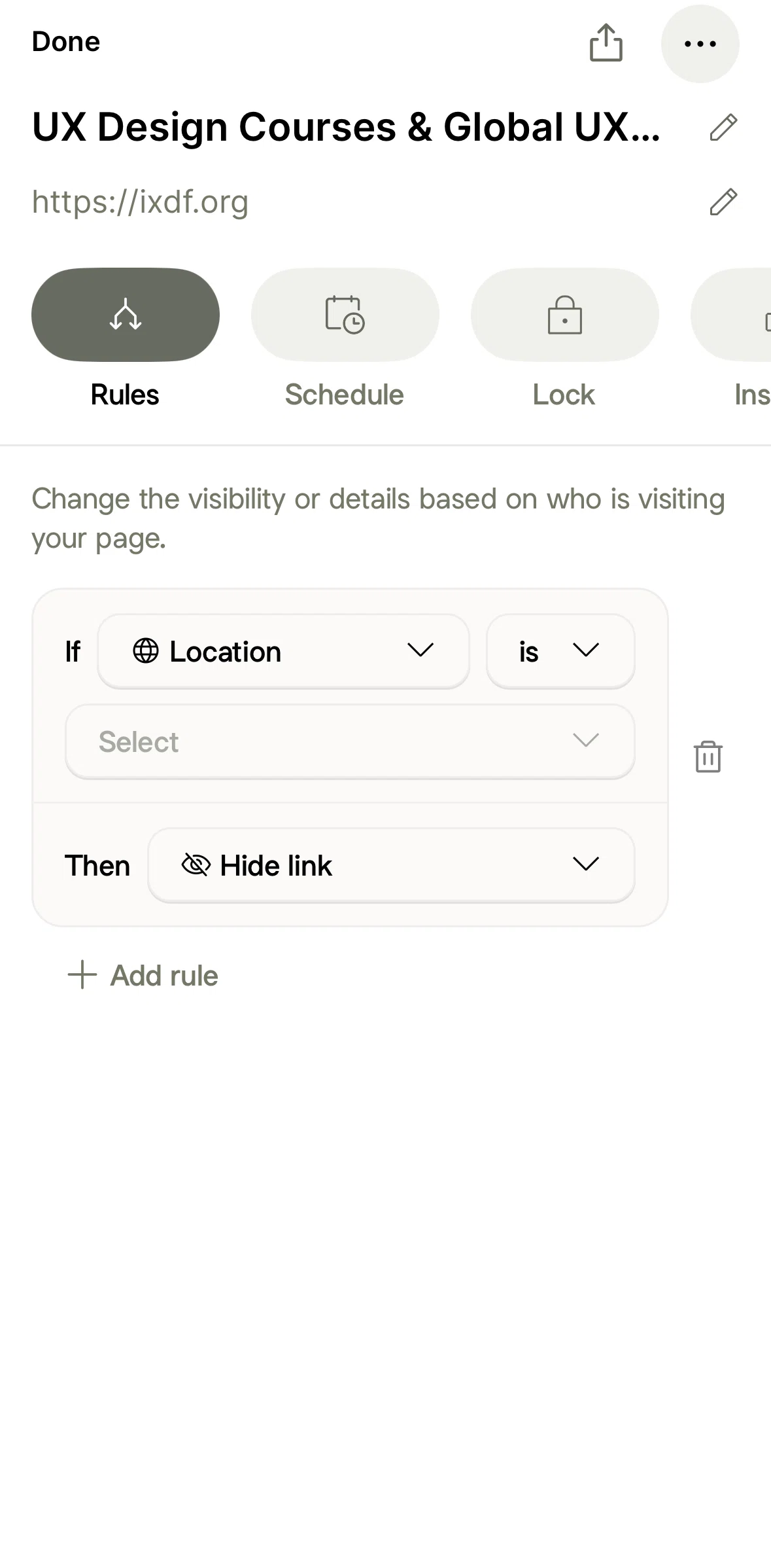Linktree Screen screen in the Adding a rule flow