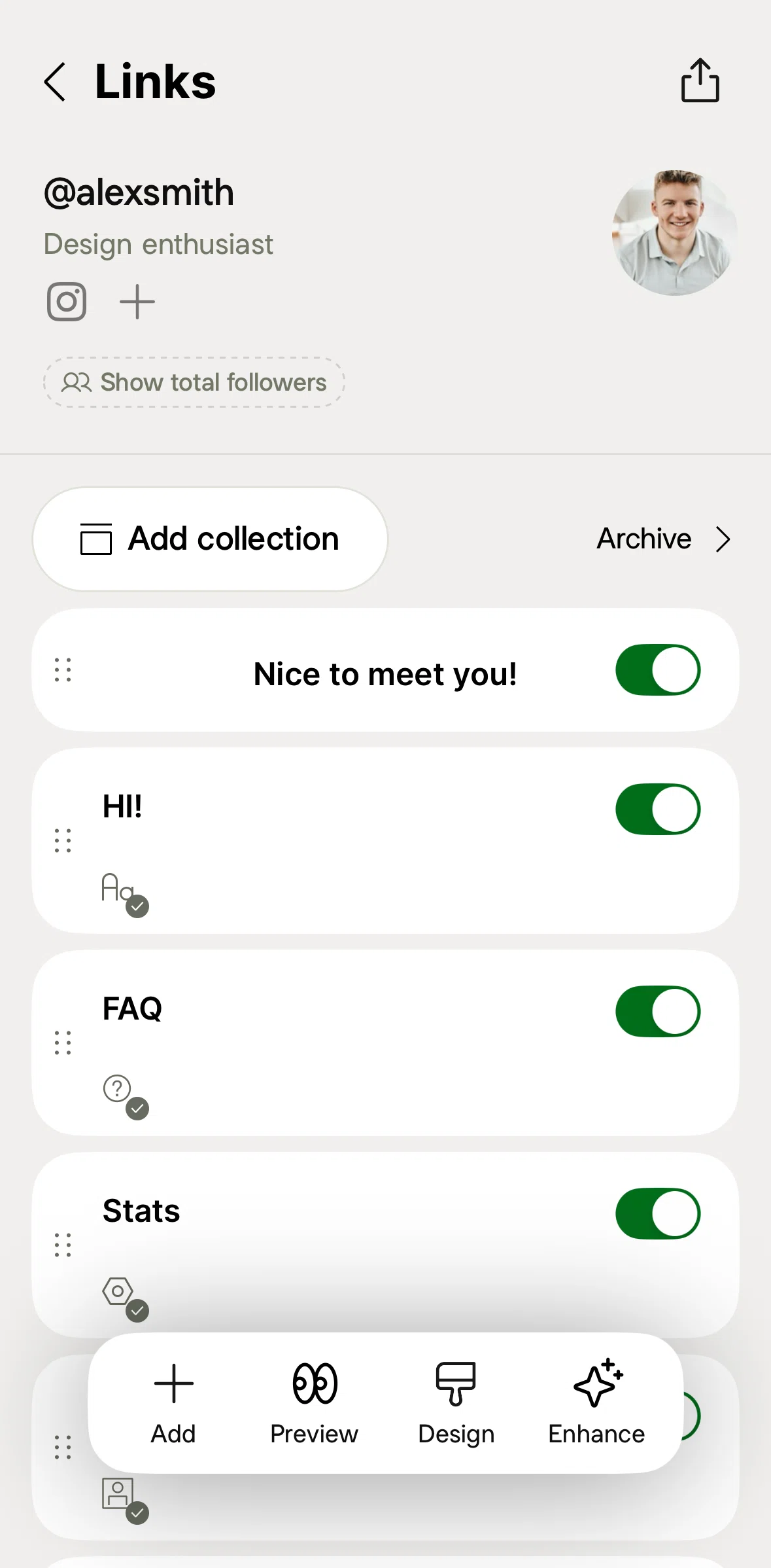 Linktree Screen screen in the Adding a social icon flow