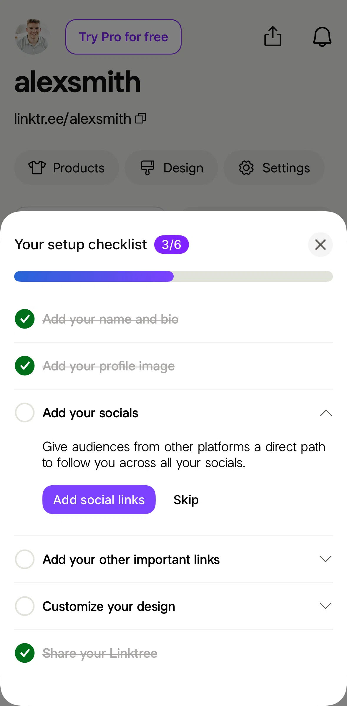 Linktree Screen screen in the Adding a social link flow