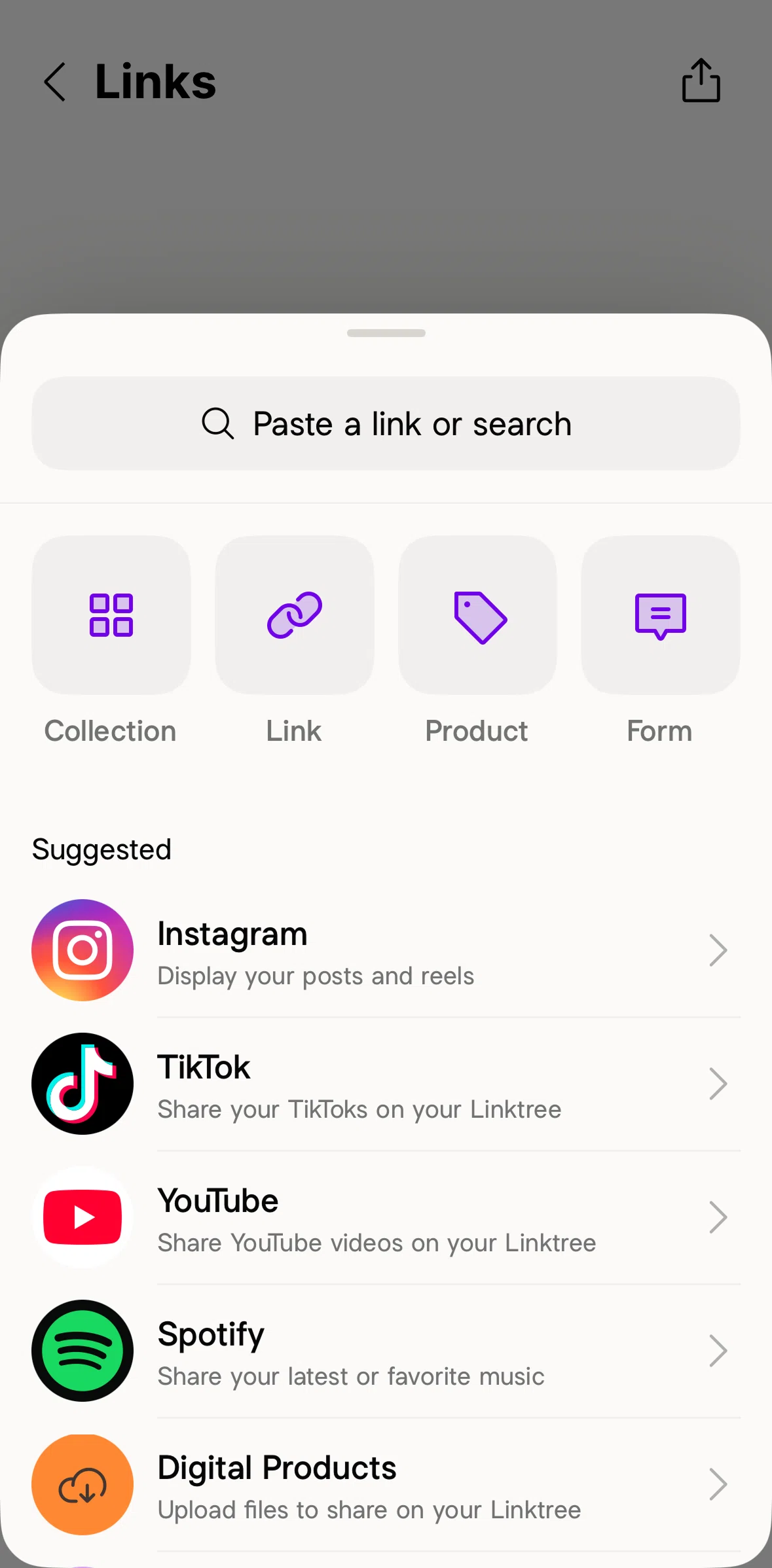 Linktree Screen screen in the Adding digital products flow