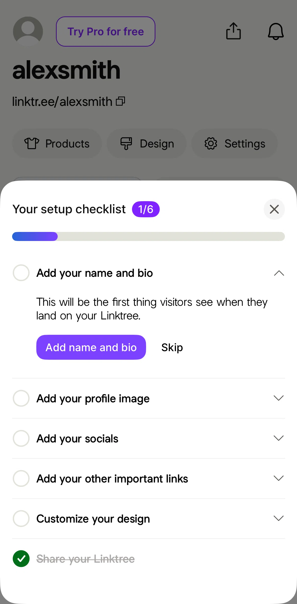 Linktree Screen screen in the Adding name and bio flow