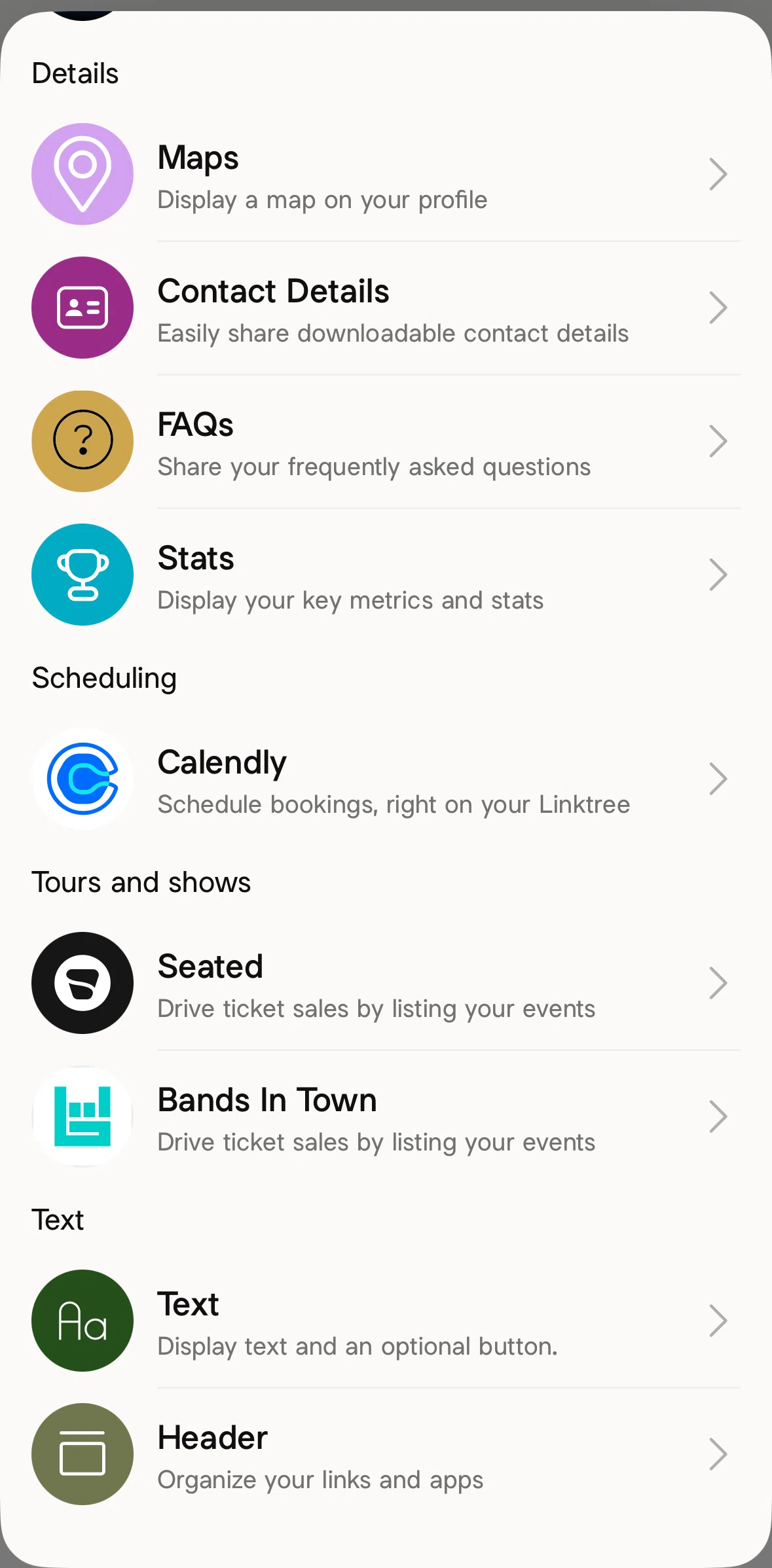 Linktree Screen screen in the Adding text flow