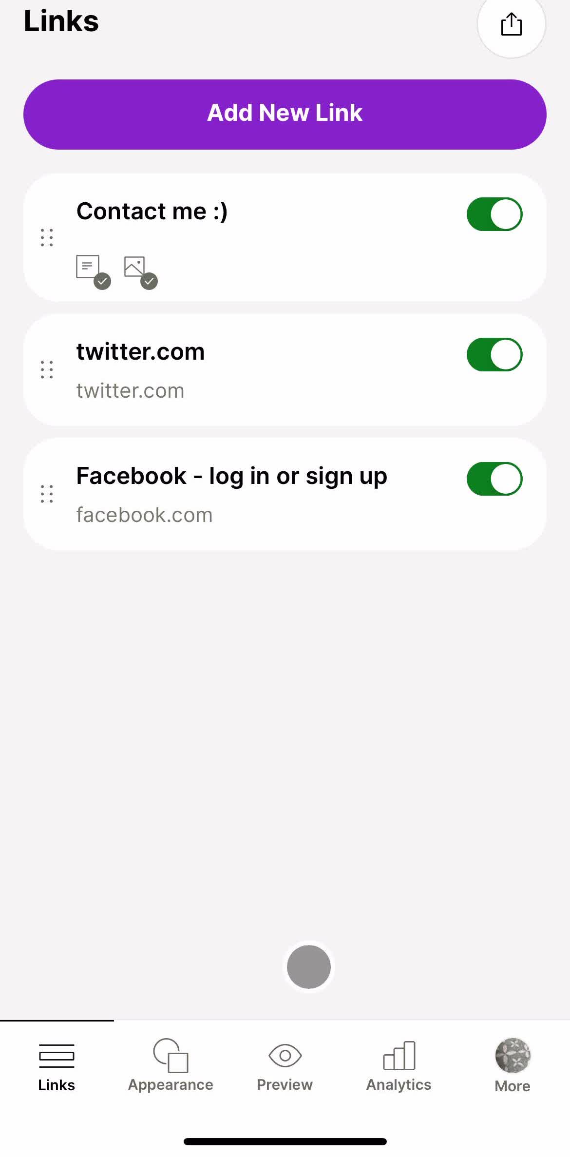 Linktree Links screen in the Analytics Stats flow