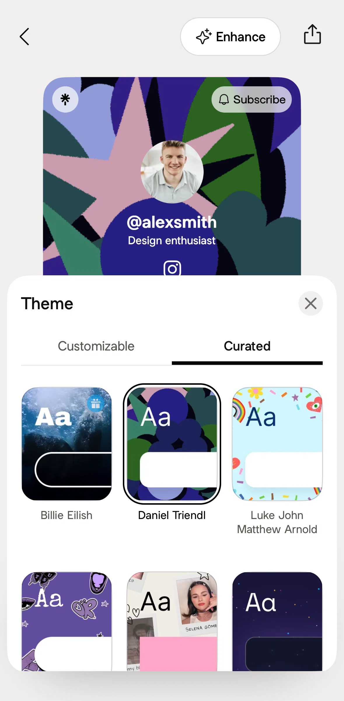 Linktree Screen screen in the Changing a theme flow