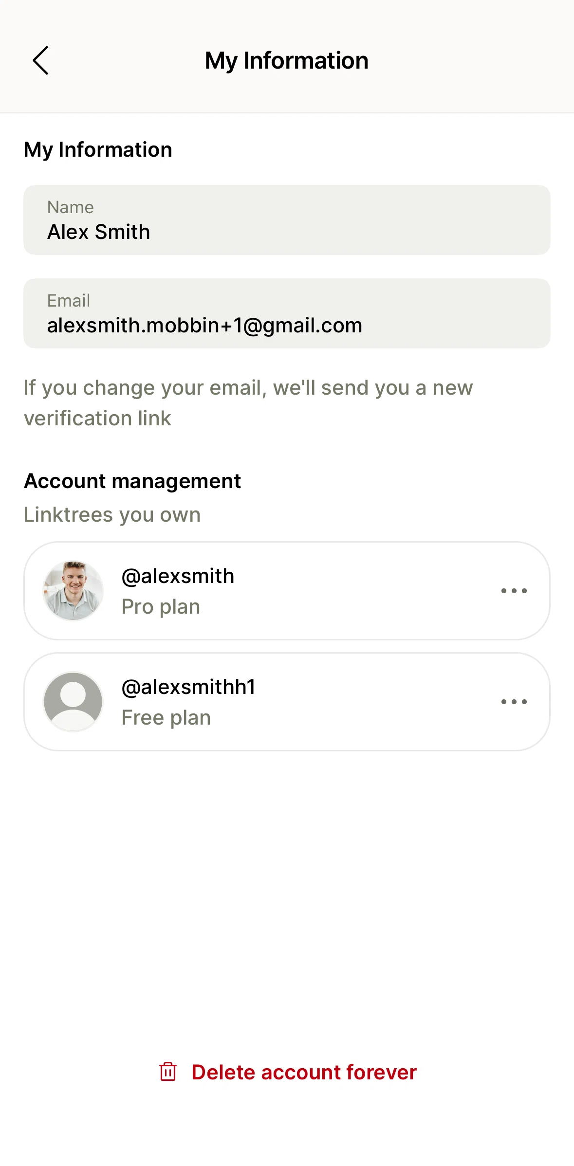 Linktree Screen screen in the Changing a username flow