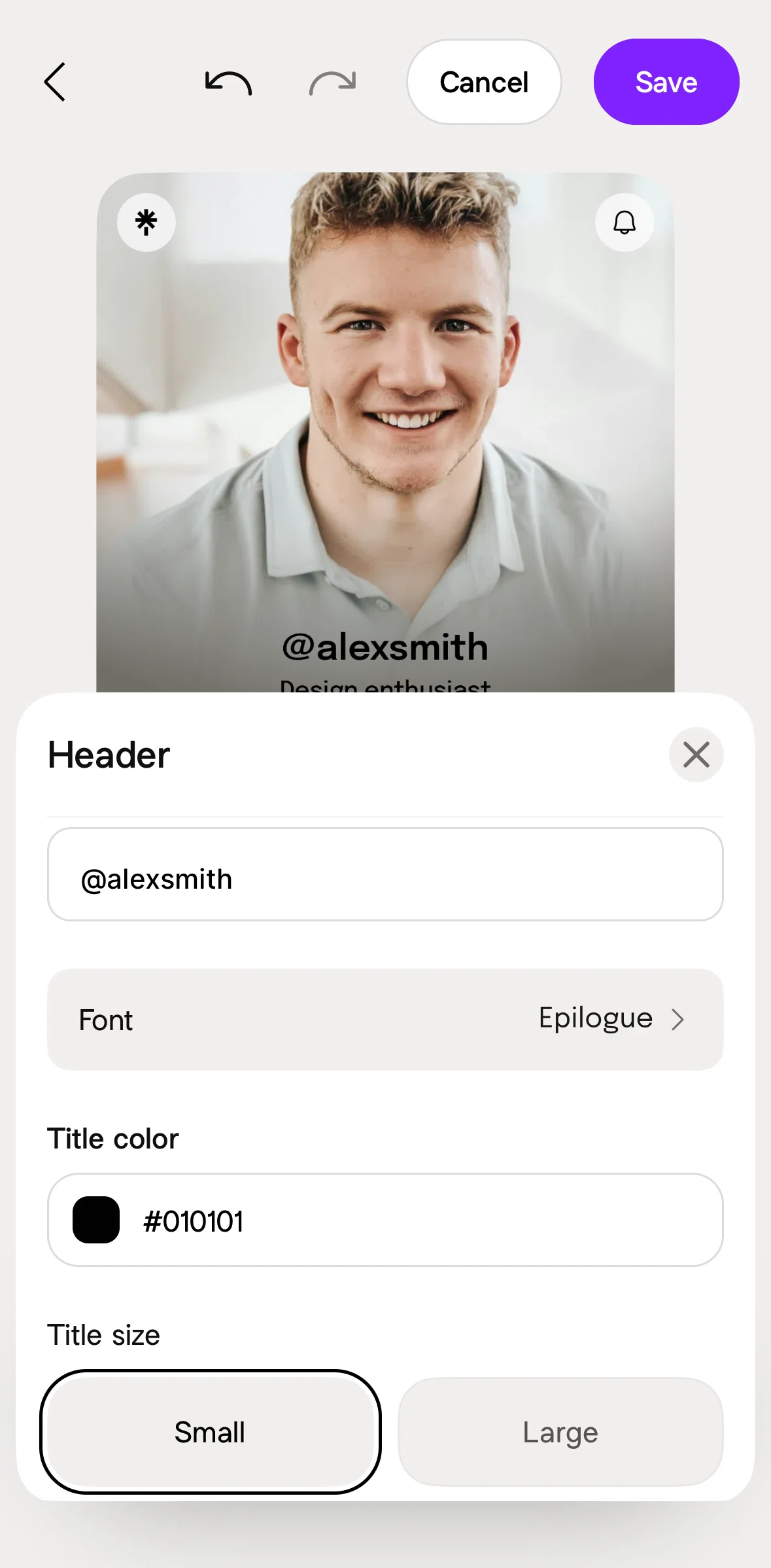 Linktree Screen screen in the Changing font flow