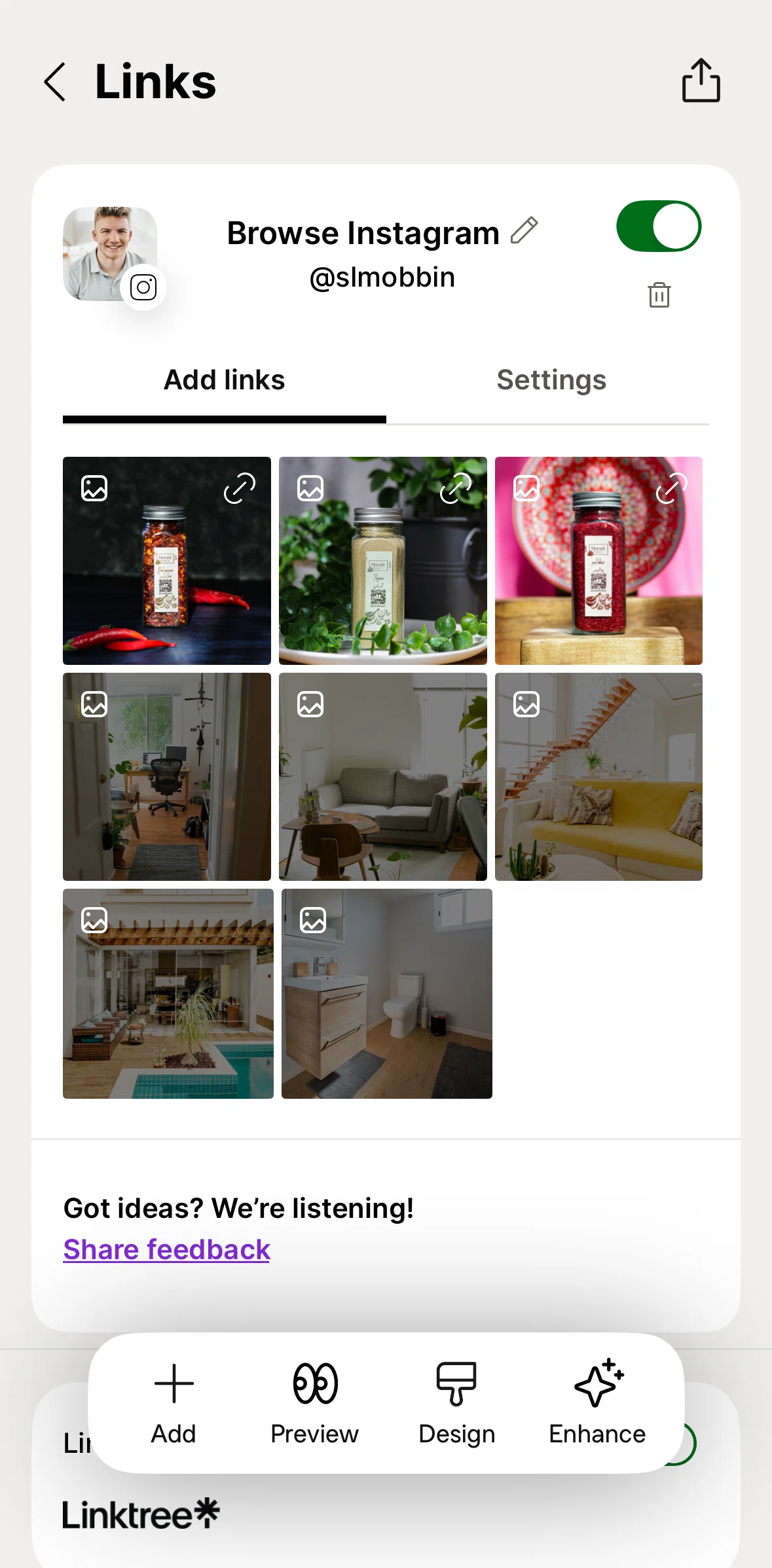 Linktree Screen screen in the Changing Instagram posts layout flow