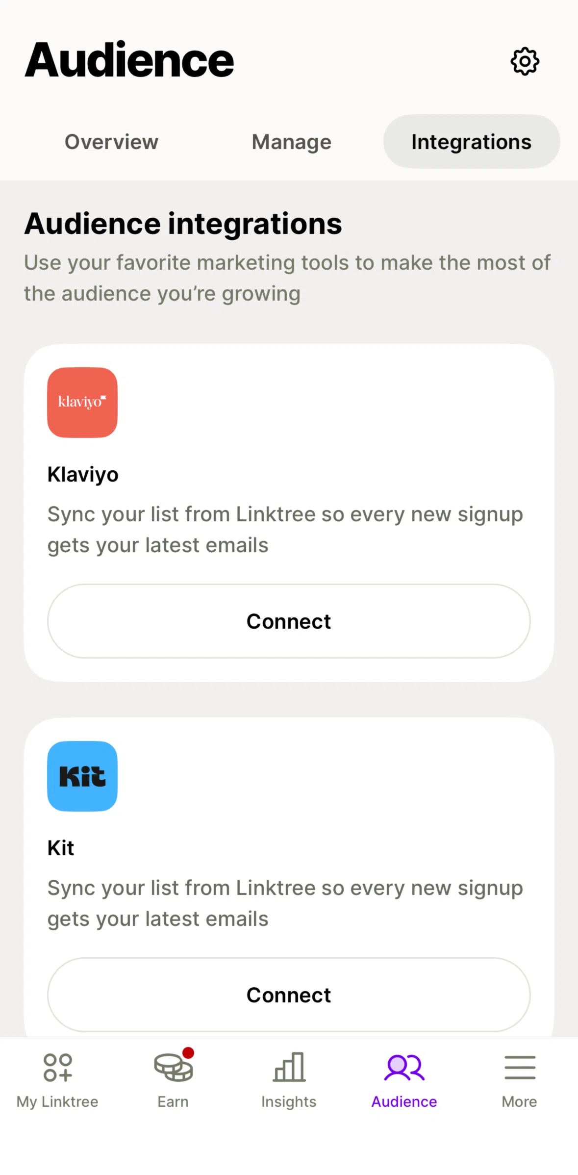 Linktree Screen screen in the Connect to Klaviyo flow