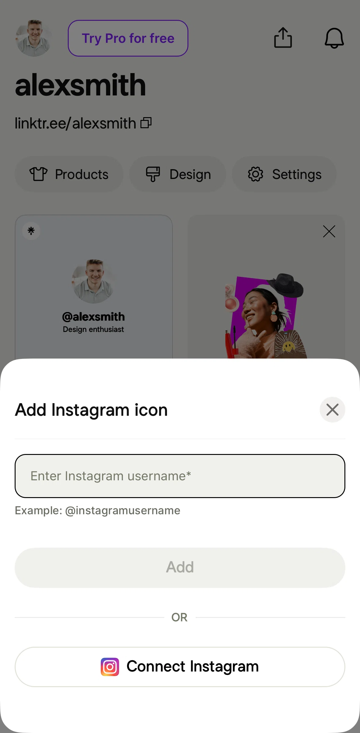 Linktree Screen screen in the Connecting to Instagram flow