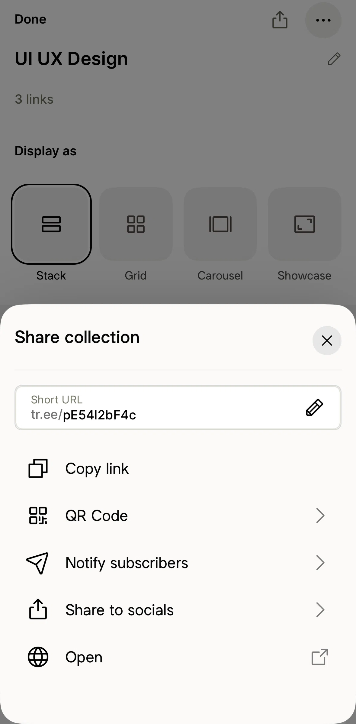 Linktree Screen screen in the Copying a link (collection) flow