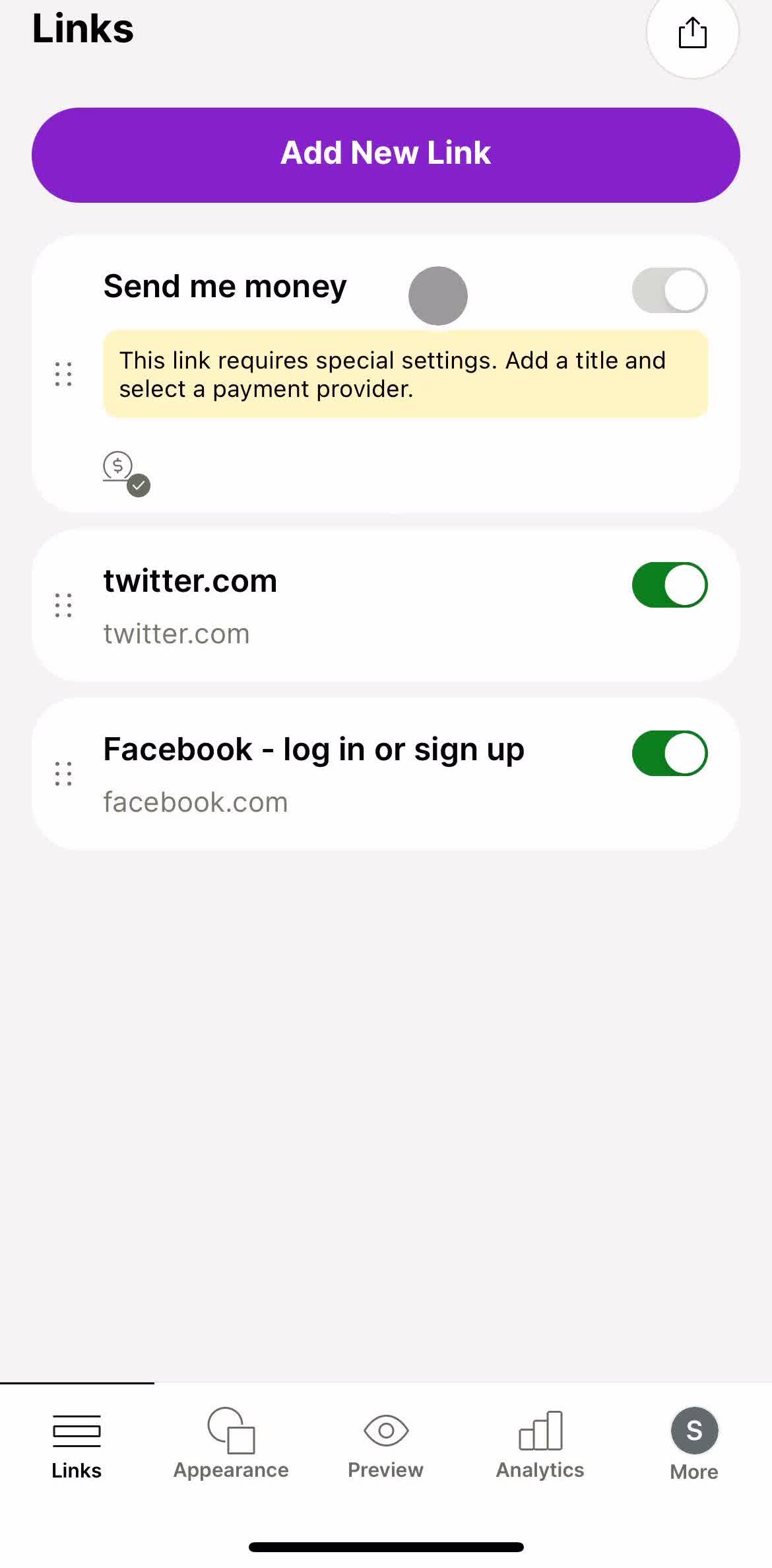 Linktree Links screen in the Customization Settings flow