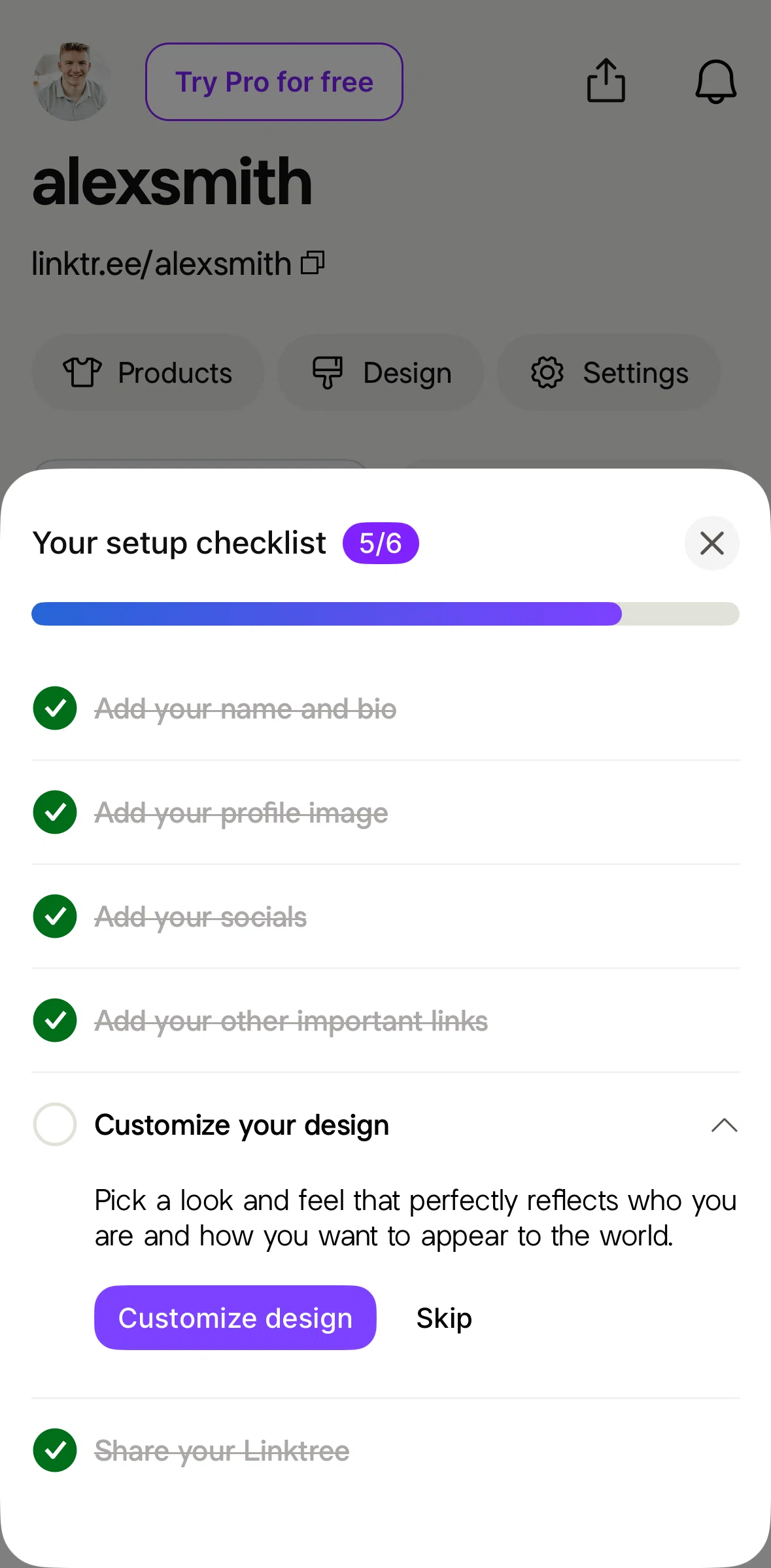 Linktree Screen screen in the Customizing Linktree design (setup) flow
