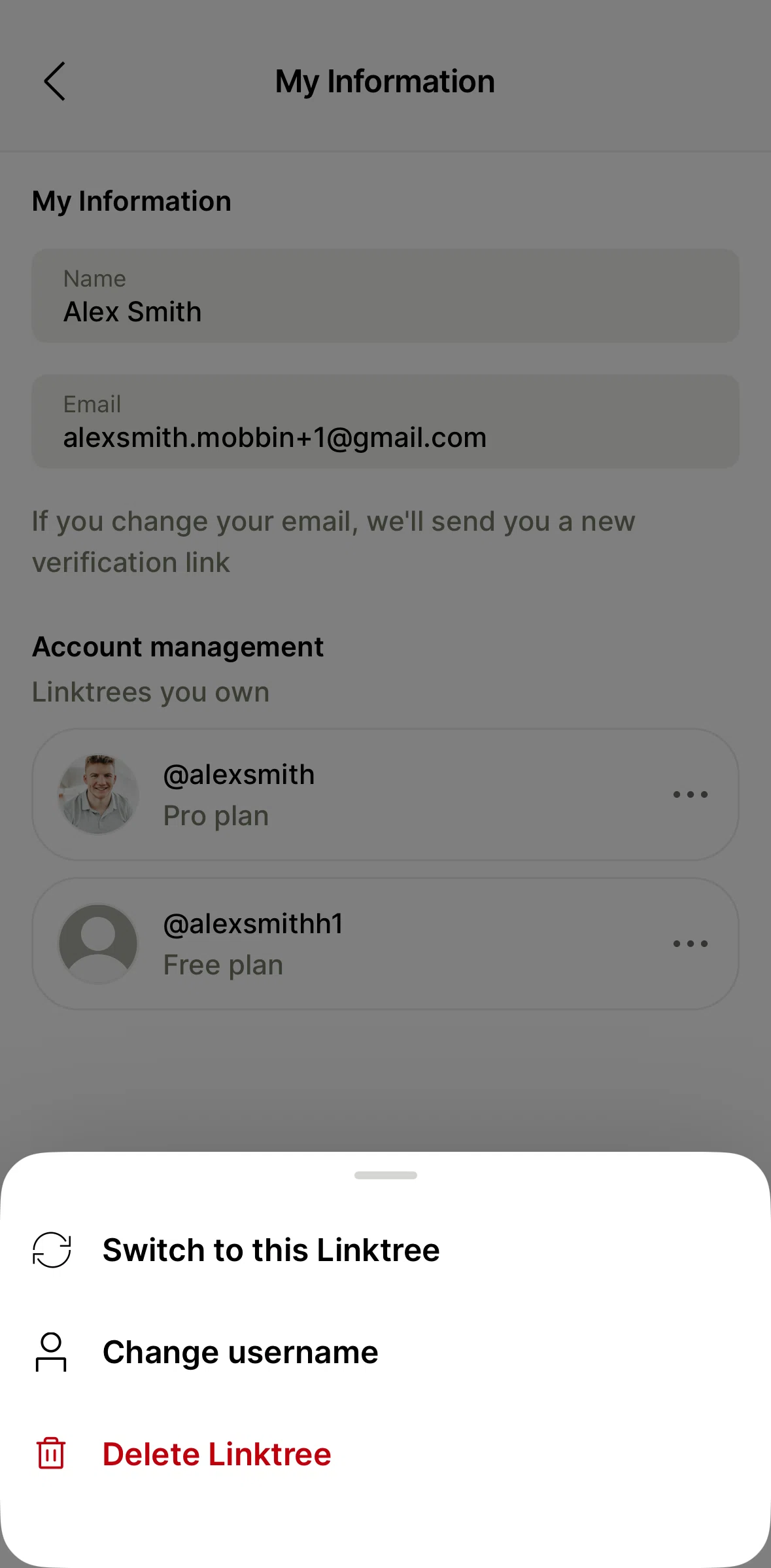 Linktree Screen screen in the Deleting a user account flow