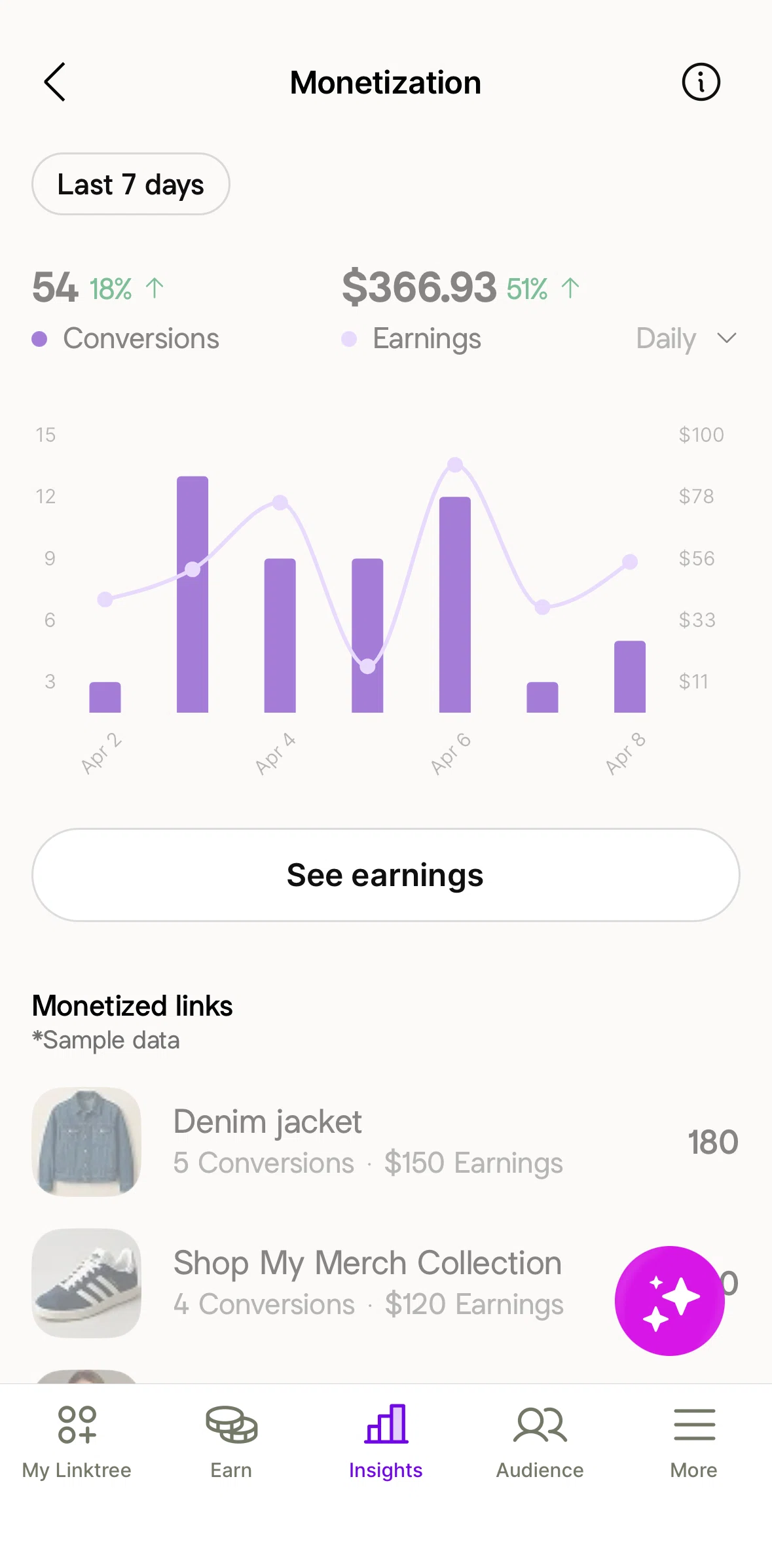 Linktree Screen screen in the Earnings flow