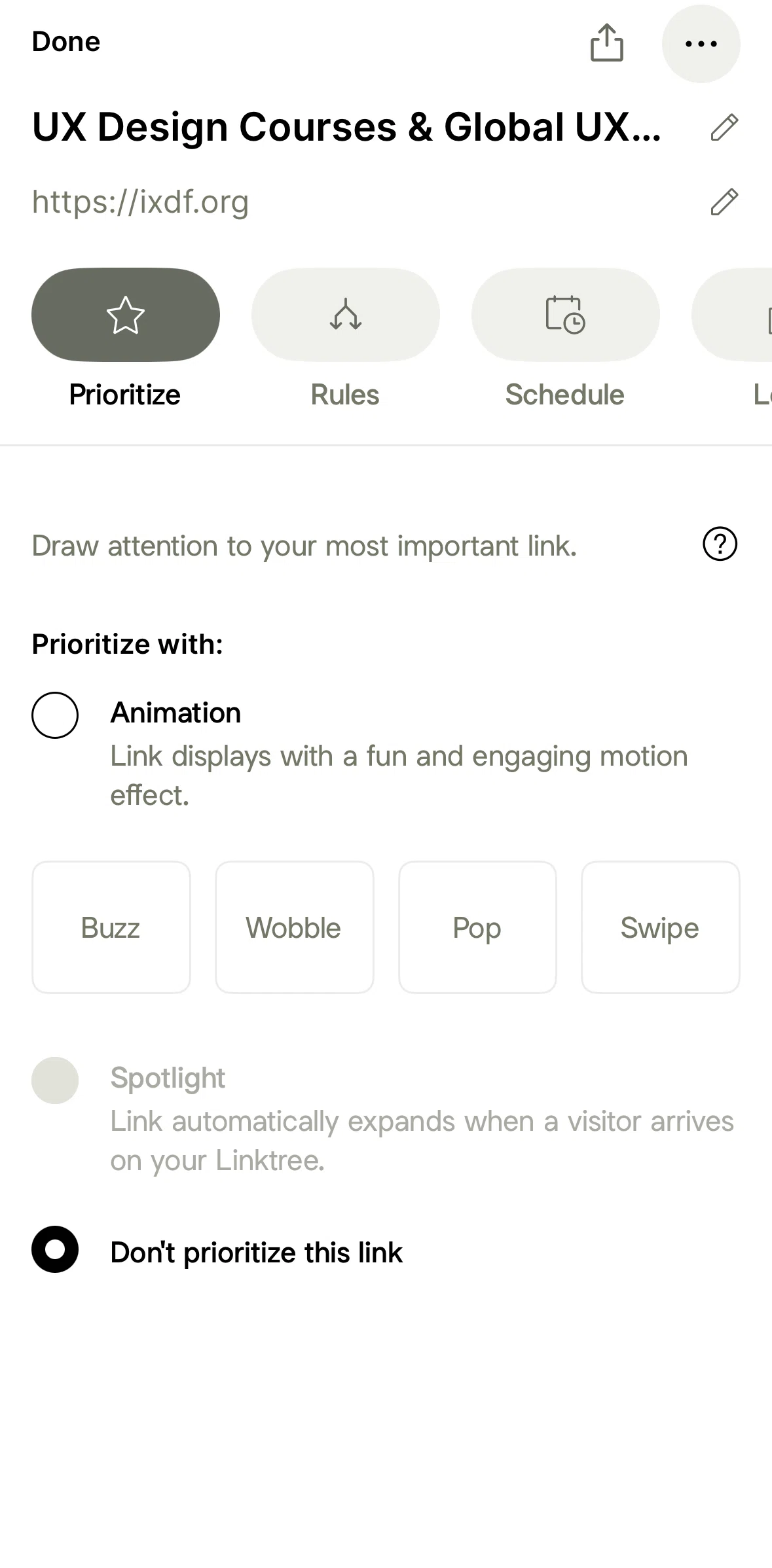 Linktree Screen screen in the Enabling an animation flow