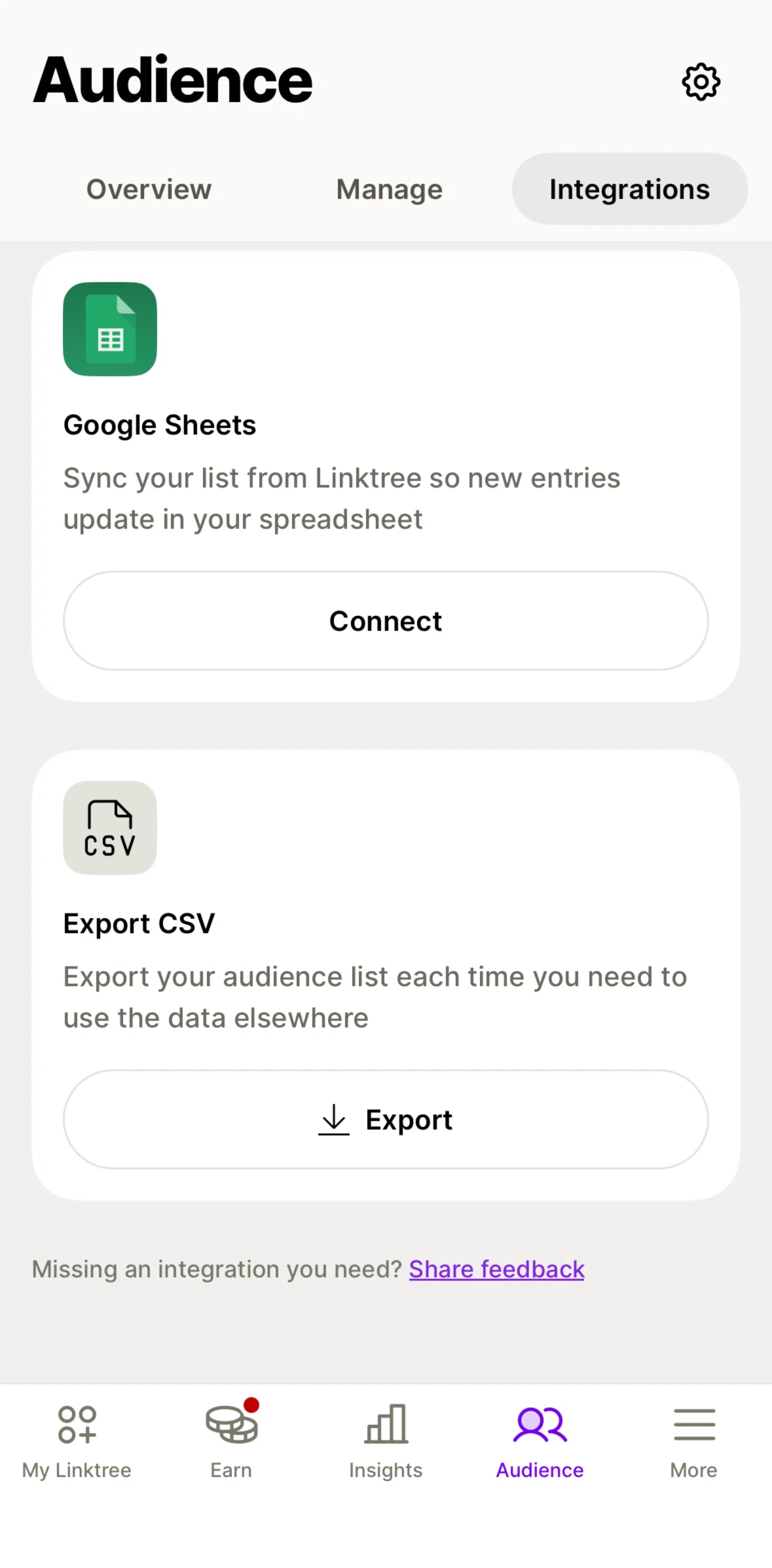 Linktree Screen screen in the Exporting a CSV report flow