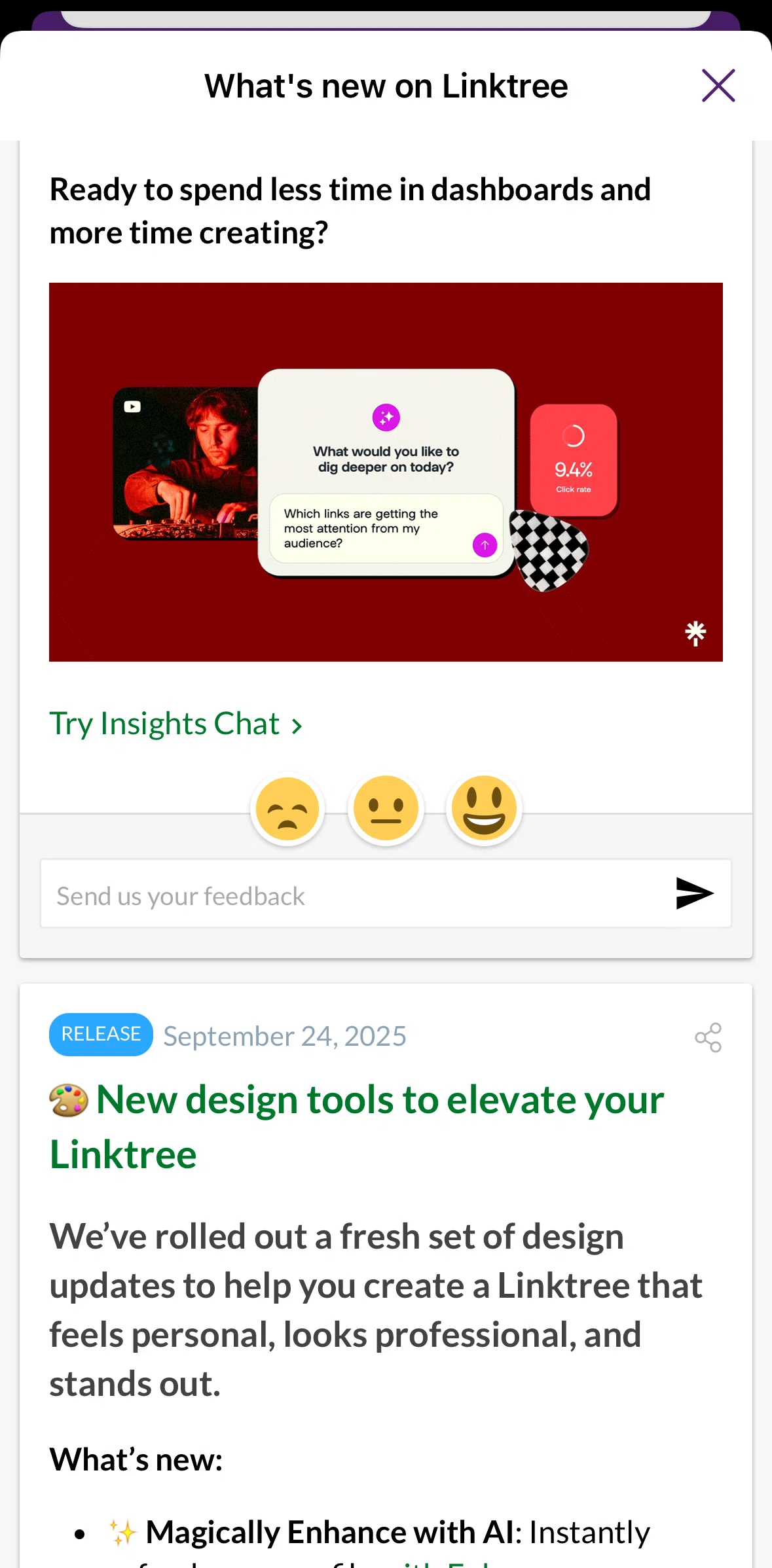Linktree Screen screen in the Giving feedback (announcement) flow