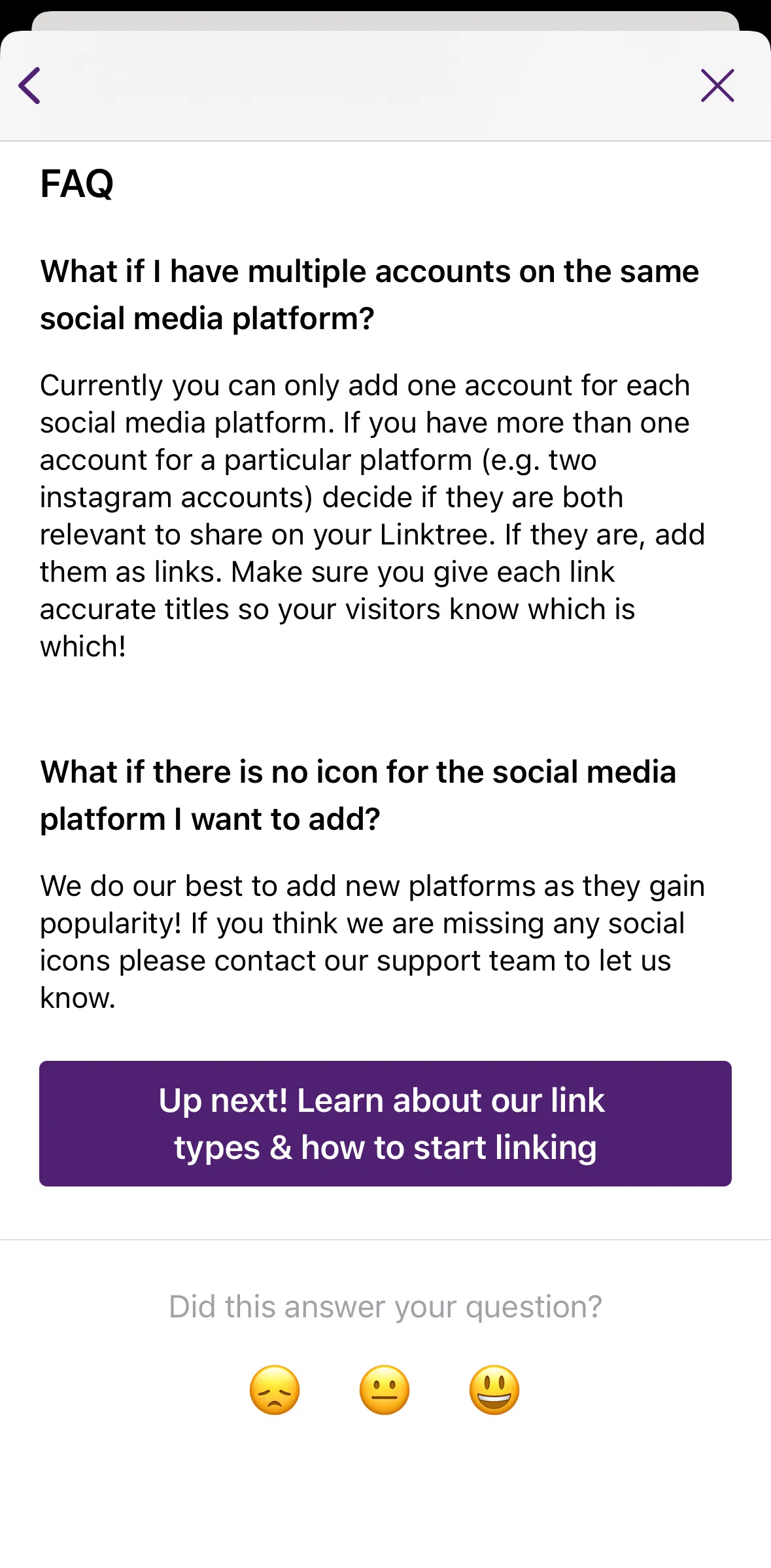 Linktree Screen screen in the Giving feedback (article) flow
