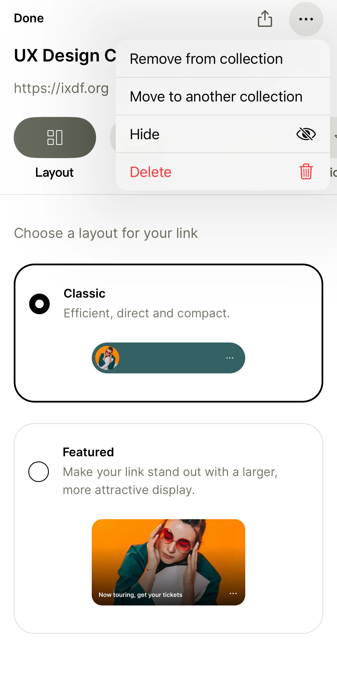 Linktree Screen screen in the Hiding a link flow