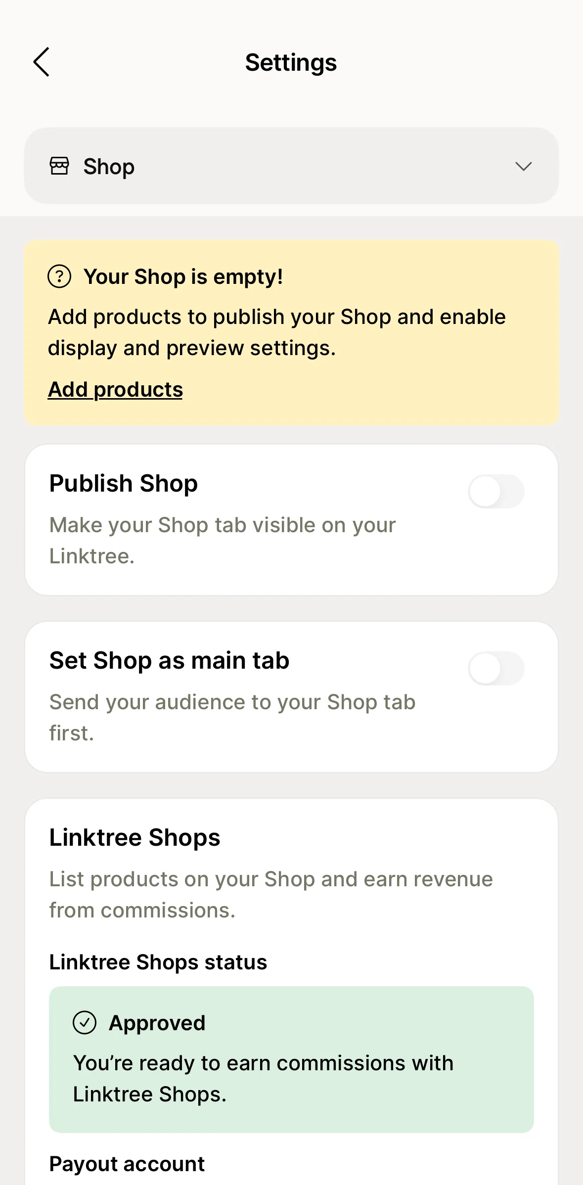 Linktree Screen screen in the Hiding a shop flow
