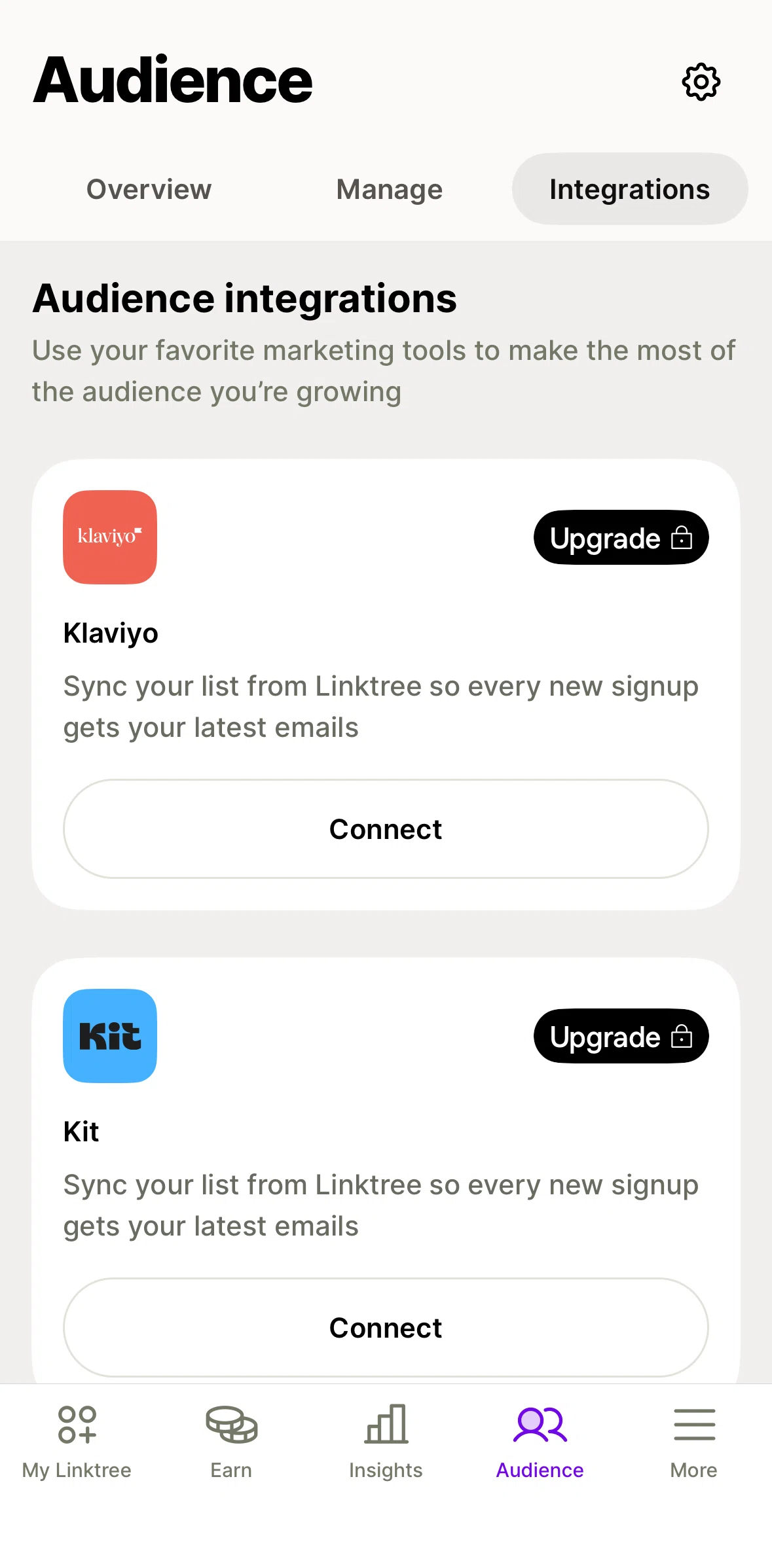 Linktree Screen screen in the Integrations flow