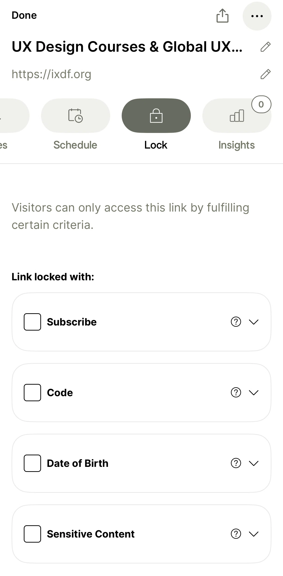 Linktree Screen screen in the Locking a link flow