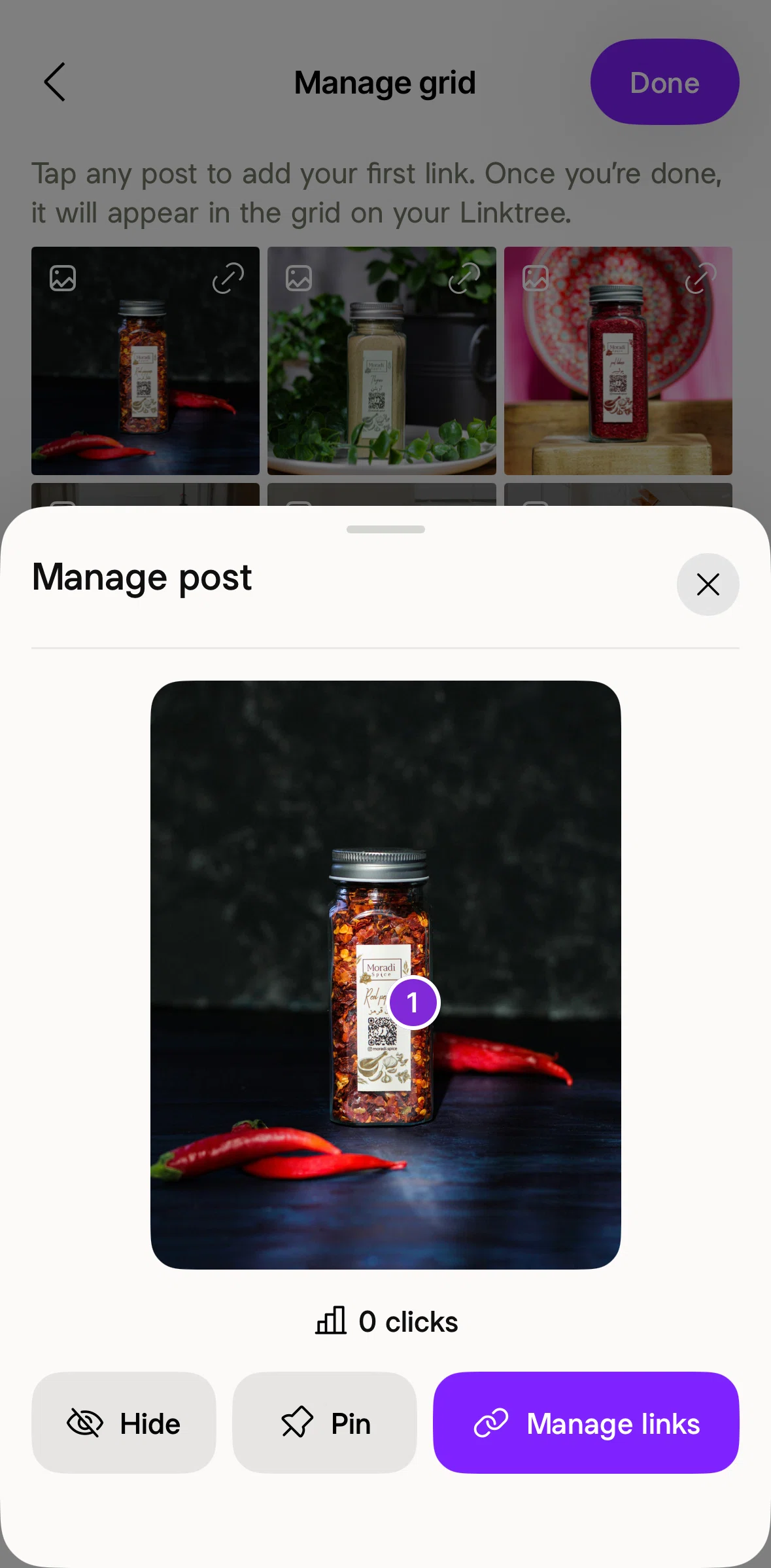 Linktree Screen screen in the Pinning a post flow