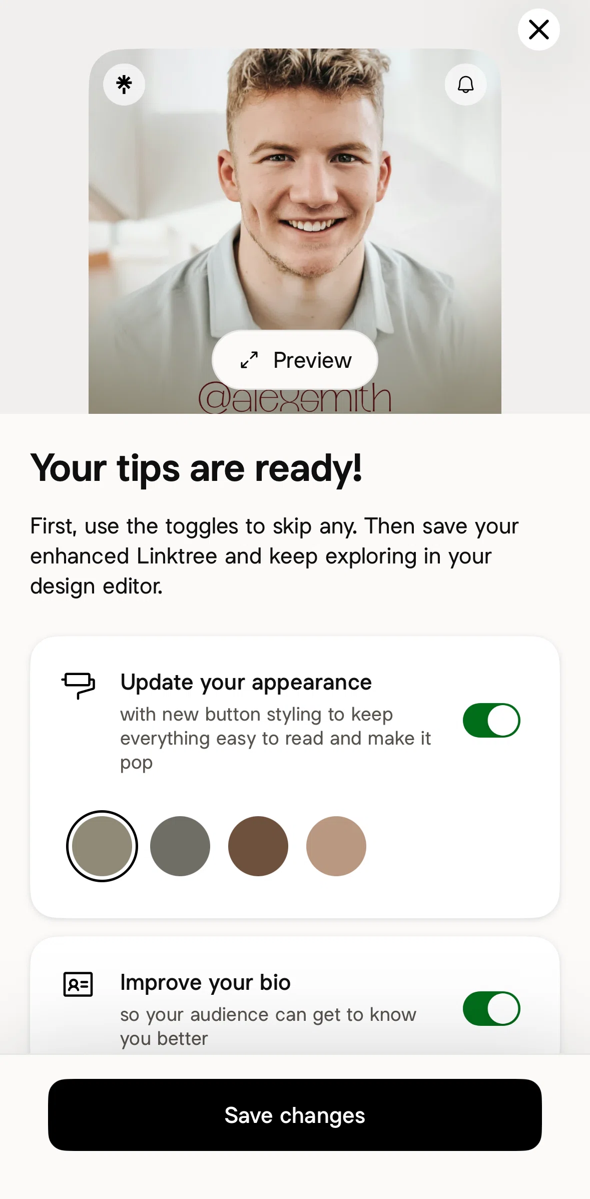 Linktree Screen screen in the Preview enhancement flow
