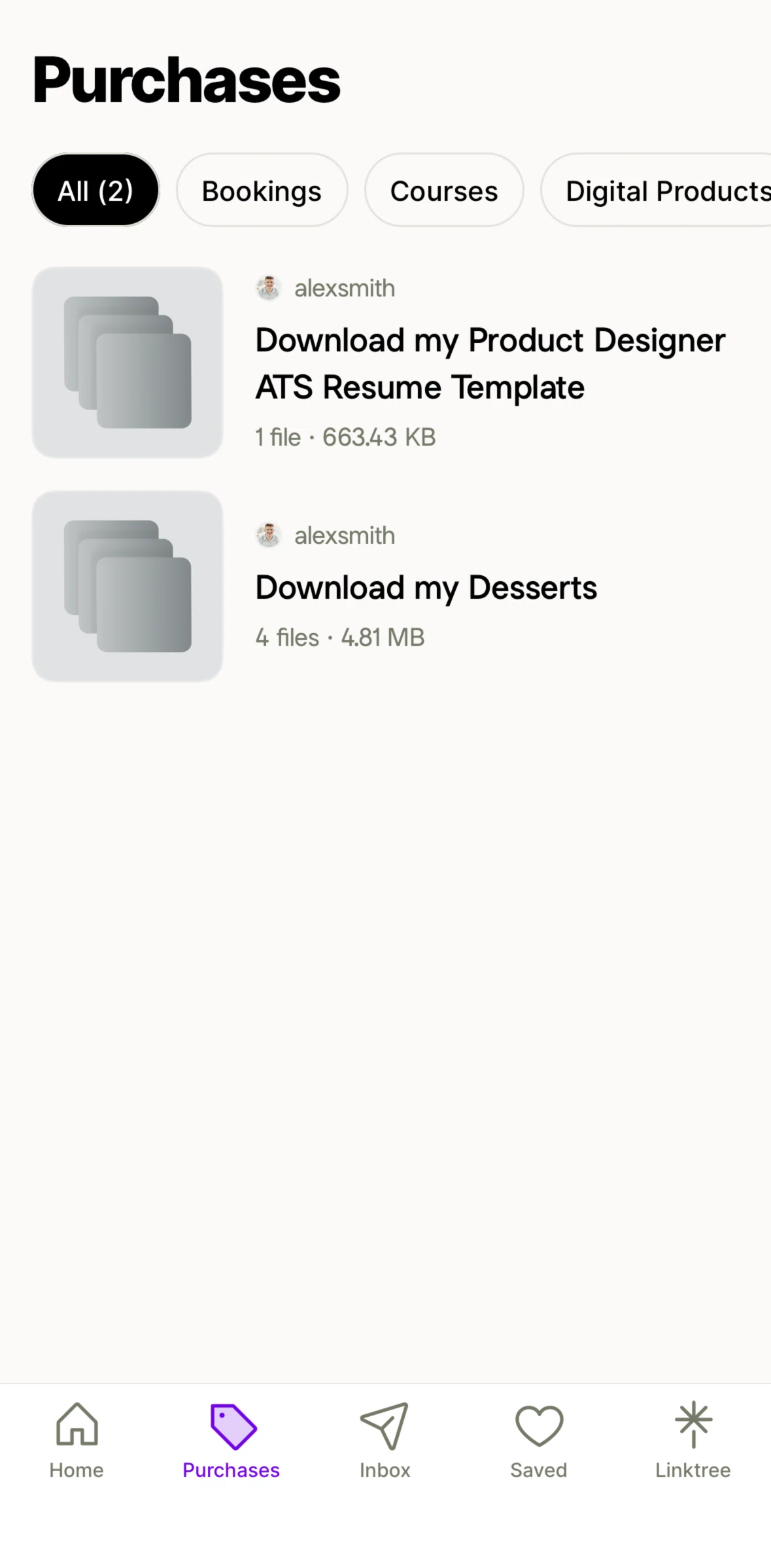 Linktree Screen screen in the Purchase detail flow