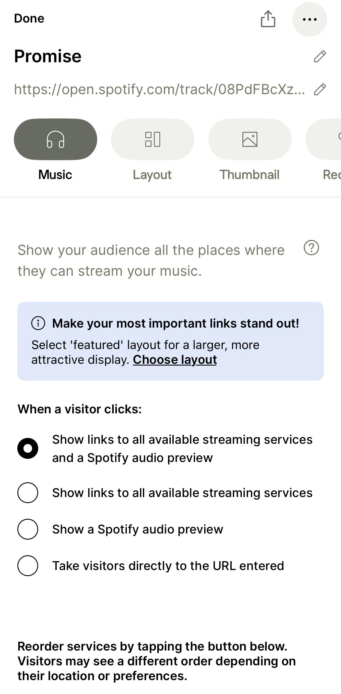 Linktree Screen screen in the Reordering music services flow