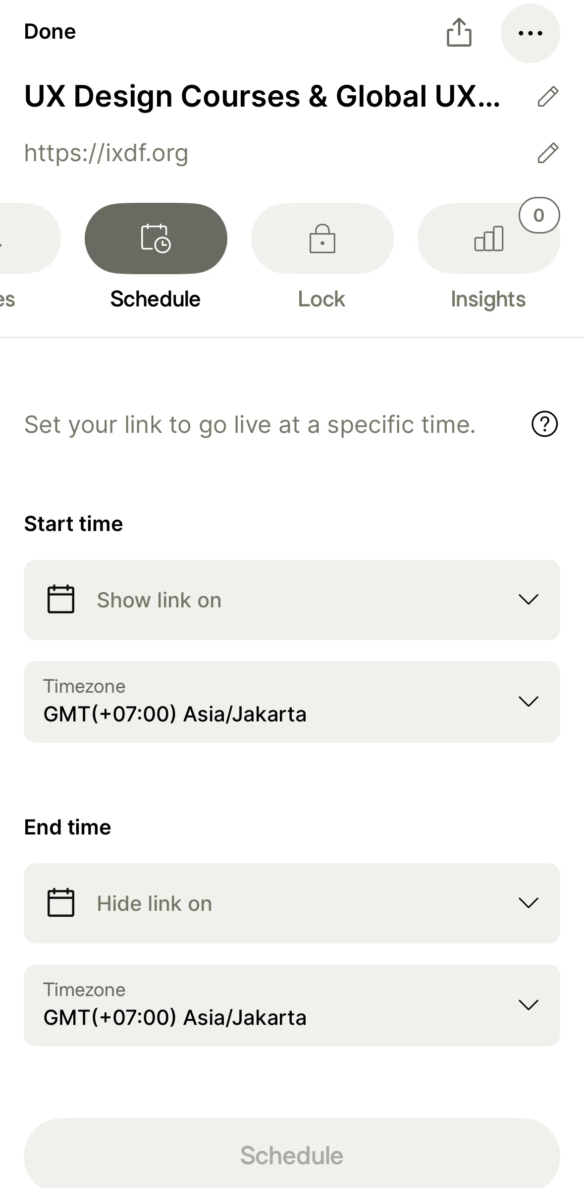 Linktree Screen screen in the Scheduling a link publish time flow