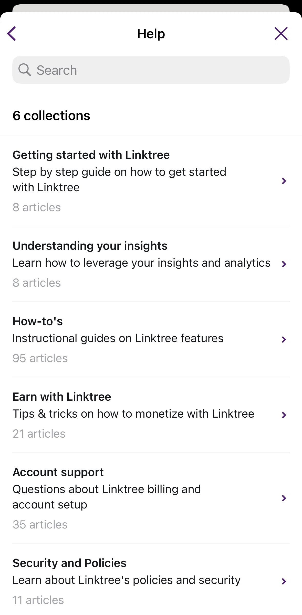 Linktree Screen screen in the Searching help flow