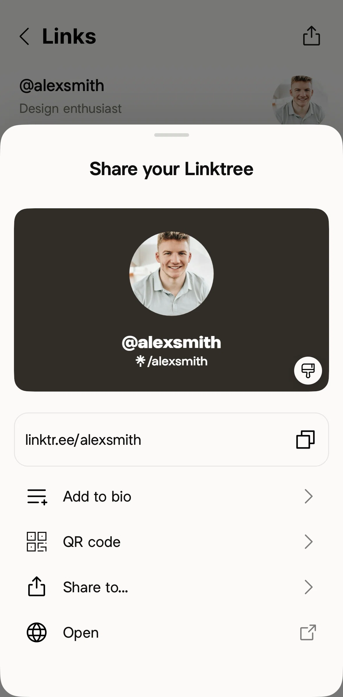 Linktree Screen screen in the Share to Instagram flow