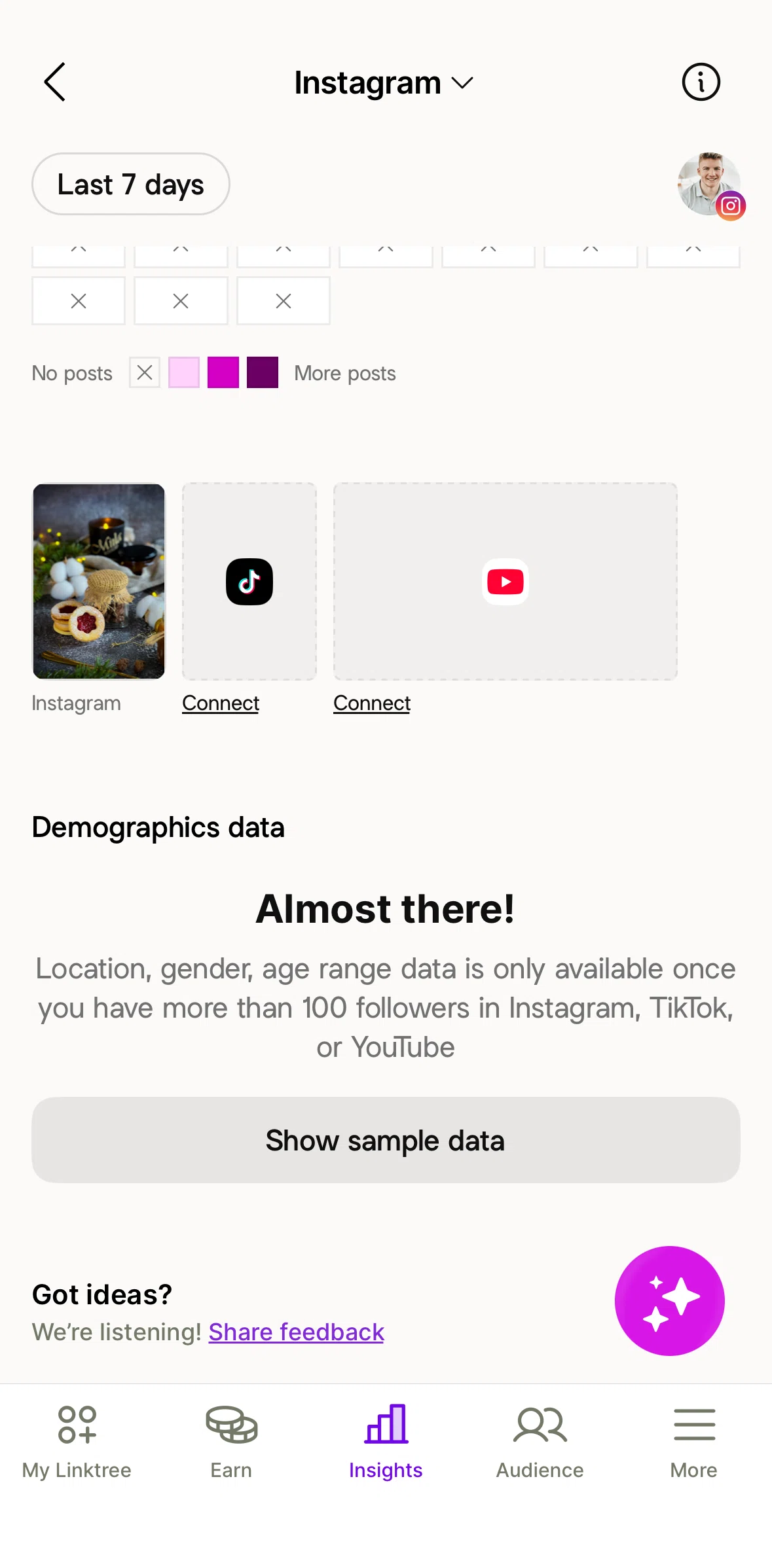 Linktree Screen screen in the Showing sample data (socials) flow